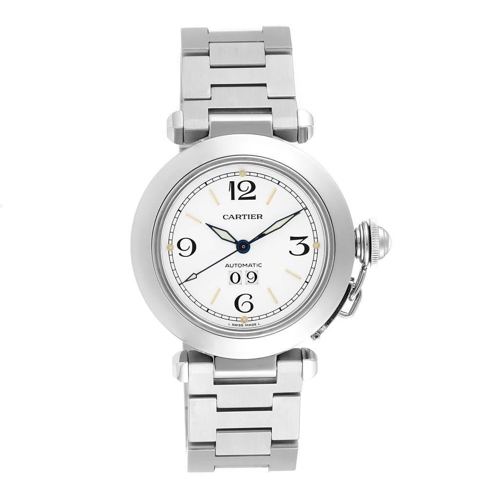 Cartier Pasha C Midsize Big Date Automatic Steel Unisex Watch W31044M7. Automatic self-winding movement. Round three-body polished and brushed stainless steel case 35.0 mm in diameter. Case back with 8 screws. Vendome lugs. Winding-crown protection