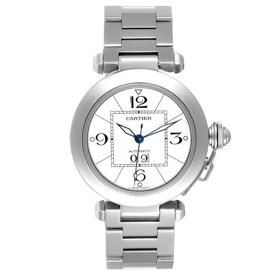 Cartier Pasha C Midsize Big Date Steel Watch White Dial W31055M7 Box Papers. Automatic self-winding movement. Round three-body polished and brushed stainless steel case 35.0 mm in diameter. Case back with 8 screws. Vendome lugs. Winding-crown