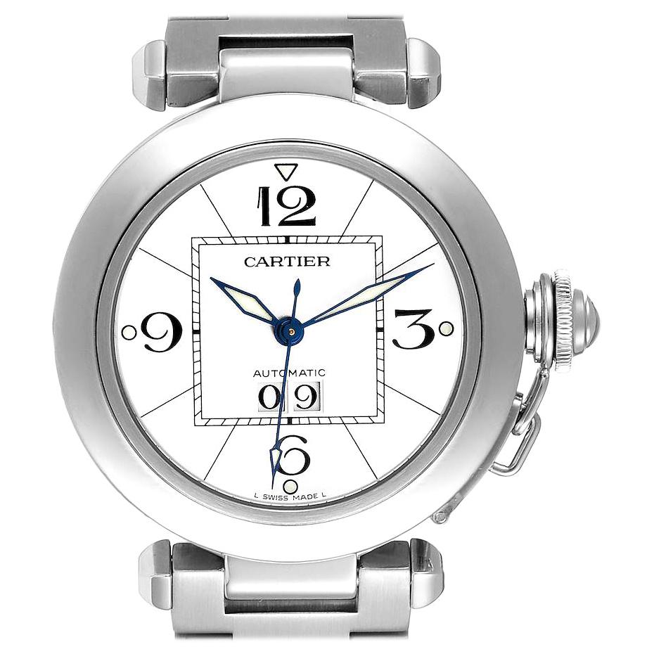 Cartier Pasha C Midsize Big Date Steel Watch White Dial W31055M7 Box Papers For Sale