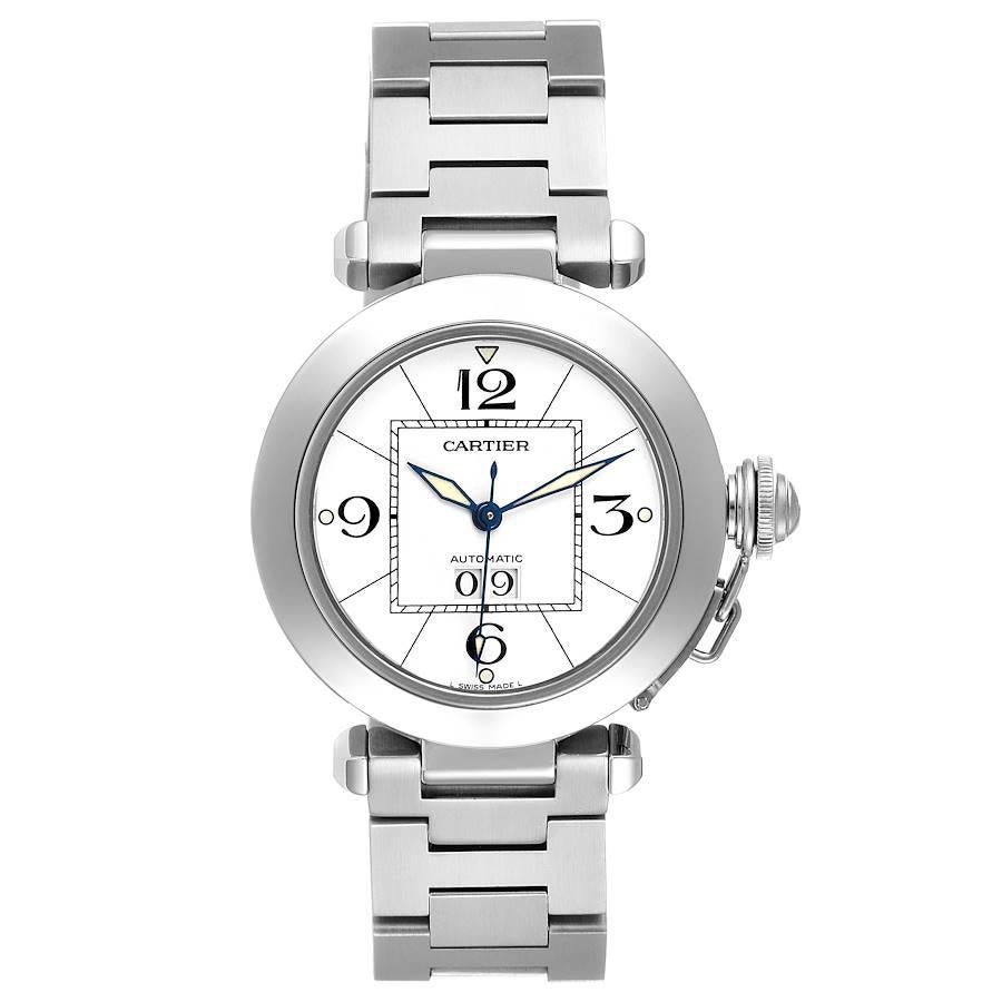 Cartier Pasha C Midsize Big Date Steel White Dial Watch W31055M7. Automatic self-winding movement. Round three-body polished and brushed stainless steel case 35.0 mm in diameter. Case back with 8 screws. Vendome lugs. Winding-crown protection cap.