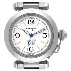 Cartier Pasha C Midsize Big Date White Dial Steel Mens Watch W31044M7 Box Papers