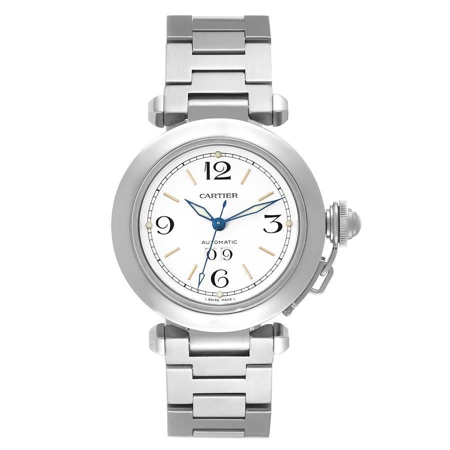 Cartier Pasha C Midsize Big Date White Dial Steel Mens Watch W31044M7. Automatic self-winding movement. Round stainless steel case 35.0 mm in diameter. Case back with 8 screws. Vendome lugs. Winding-crown protection cap. Stainless steel concave