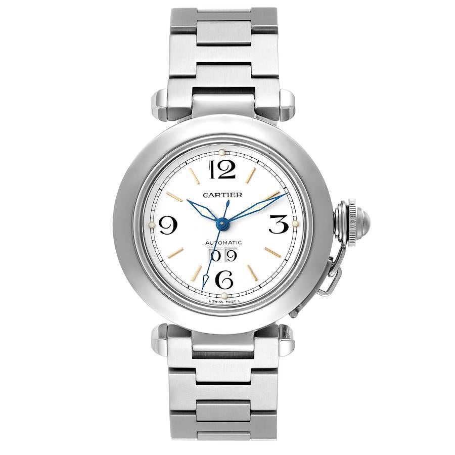 Cartier Pasha C Midsize Big Date White Dial Steel Mens Watch W31044M7 Papers. Automatic self-winding movement. Round stainless steel case 35.0 mm in diameter. Case back with 8 screws. Vendome lugs. Winding-crown protection cap. Stainless steel