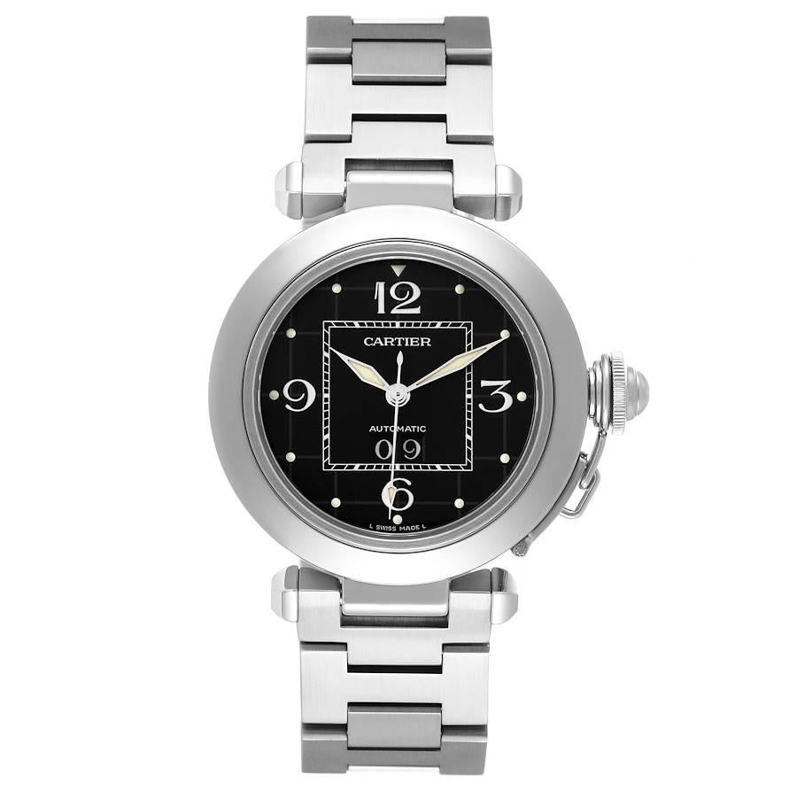 Cartier Pasha C Midsize Black Dial Automatic Ladies Watch W31053M7. Automatic self winding movement. Round three-body polished and brushed stainless steel case 35.0 mm in diameter. Vendome lugs. Winding-crown protection cap. Concave stainless steel