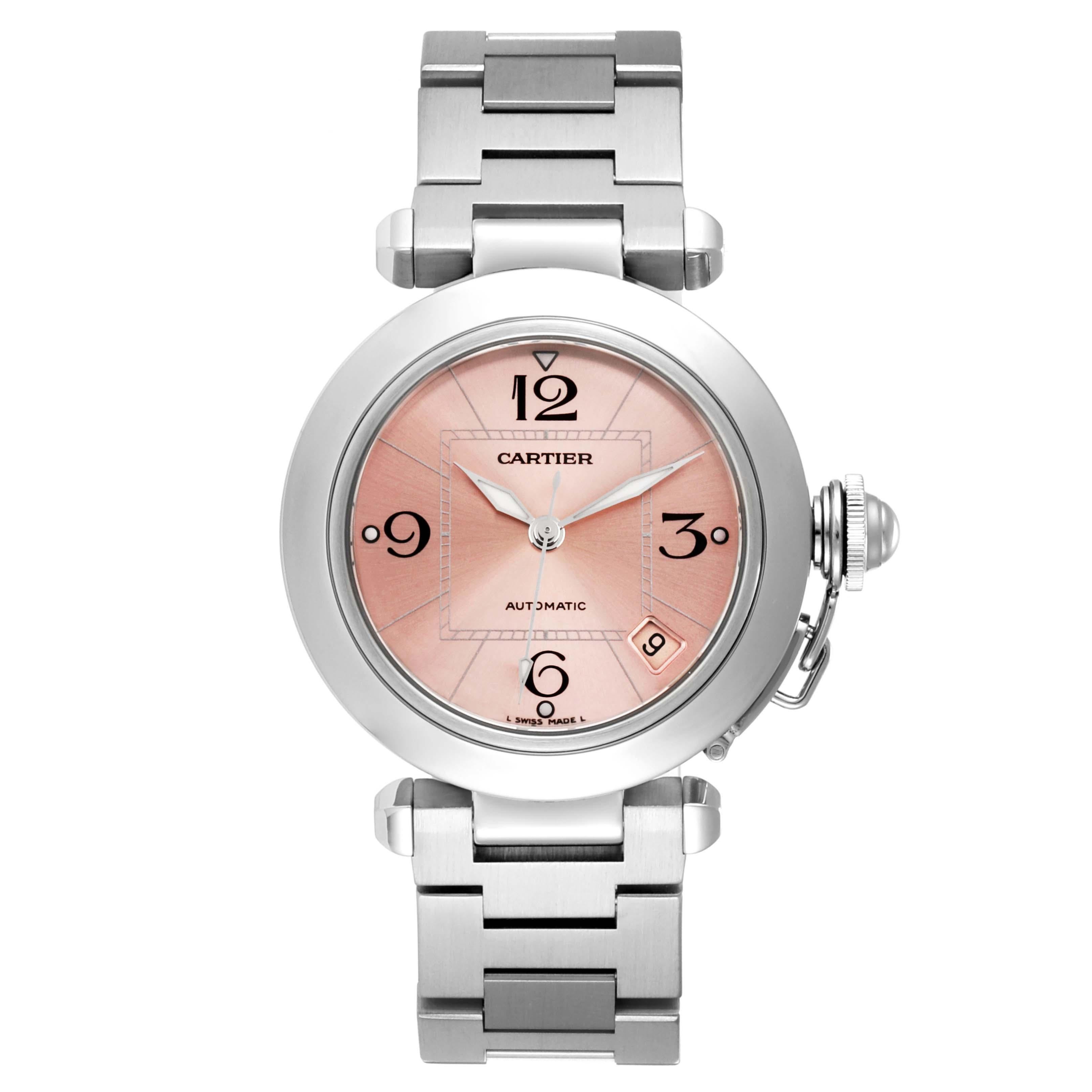 Cartier Pasha C Midsize Pink Dial Automatic Ladies Watch W31075M7 Box. Quartz movement. Round three-body polished and brushed stainless steel case 35.0 mm in diameter. Vendome lugs. Winding-crown protection cap. Concave stainless steel bezel.