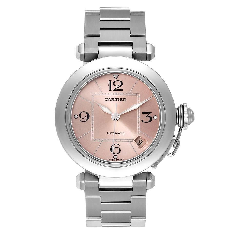 Cartier Pasha C Midsize Pink Dial Automatic Ladies Watch W31075M7. Automatic self-winding movement. Round three-body polished and brushed stainless steel case 35.0 mm in diameter. Vendome lugs. Winding-crown protection cap. Concave stainless steel