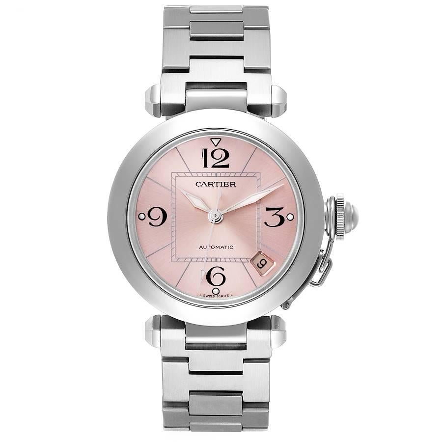 Cartier Pasha C Midsize Pink Dial Automatic Ladies Watch W31075M7. Automatic self-winding movement. Round three-body polished and brushed stainless steel case 35.0 mm in diameter. Vendome lugs. Winding-crown protection cap. Concave stainless steel