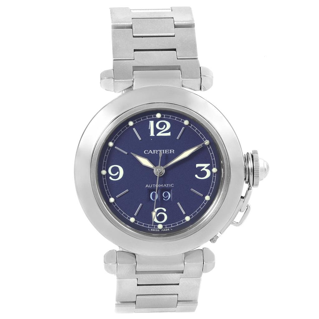 Cartier Pasha C Midsize Steel Blue Dial Big Date Watch W31047M7 For Sale 3