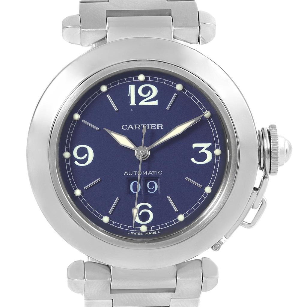 Cartier Pasha C Midsize Steel Blue Dial Big Date Watch W31047M7