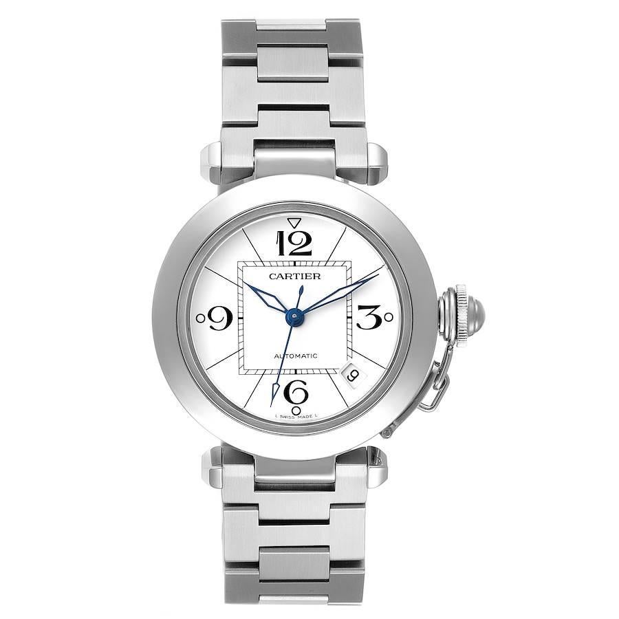 Cartier Pasha C Midsize White Dial Automatic Steel Mens Watch W31074M7. Automatic self-winding movement. Round polished and brushed stainless steel case 35.0 mm in diameter. Case back with 8 screws. Vendome lugs. Winding-crown protection cap.