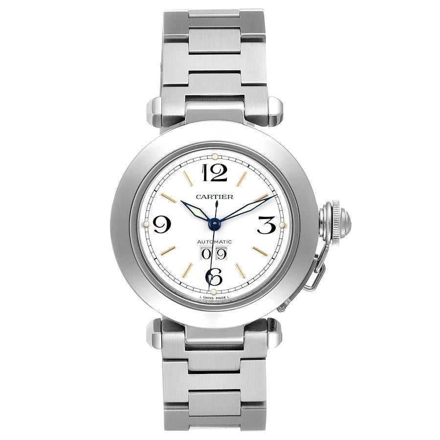 Cartier Pasha C Midsize White Dial Steel Unisex Watch W31044M7. Automatic self-winding movement. Round three-body polished and brushed stainless steel case 35.0 mm in diameter. Case back with 8 screws. Vendome lugs. Winding-crown protection cap.