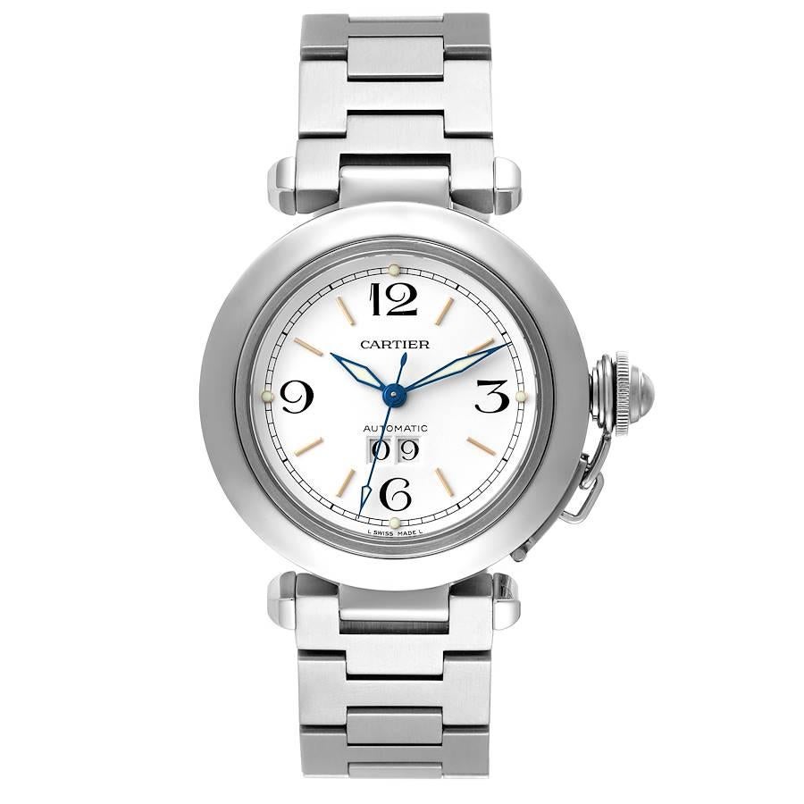 Cartier Pasha C Midsize White Dial Steel Unisex Watch W31044M7 Papers. Automatic self-winding movement. Round three-body polished and brushed stainless steel case 35.0 mm in diameter. Case back with 8 screws. Vendome lugs. Winding-crown protection