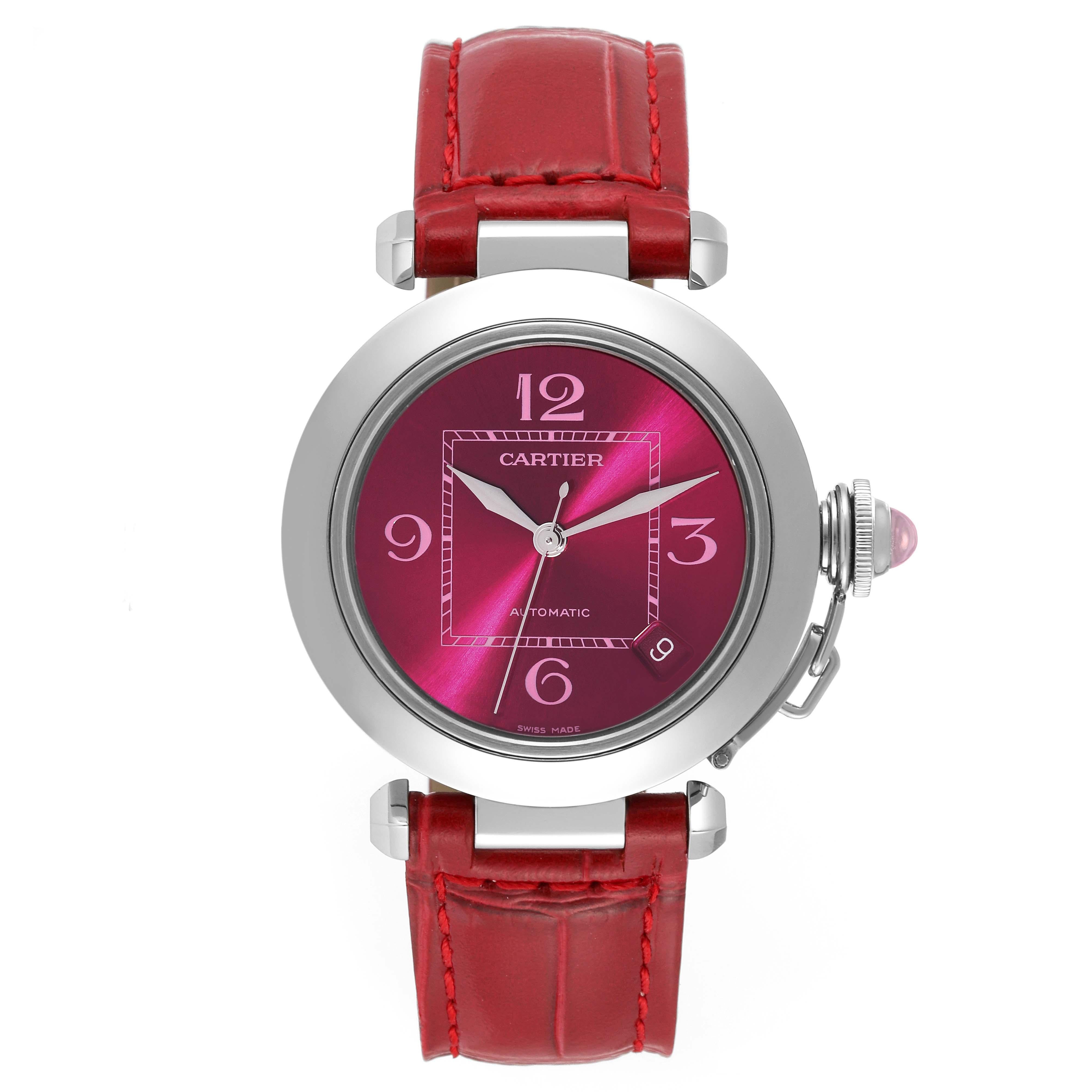 Cartier Pasha C Raspberry Dial Limited Edition Steel Ladies Watch W3108299. Automatic self-winding movement. Round stainless steel case 35.0 mm in diameter. Case back with 8 screws. Vendome lugs. Winding-crown protection cap. Stainless steel concave