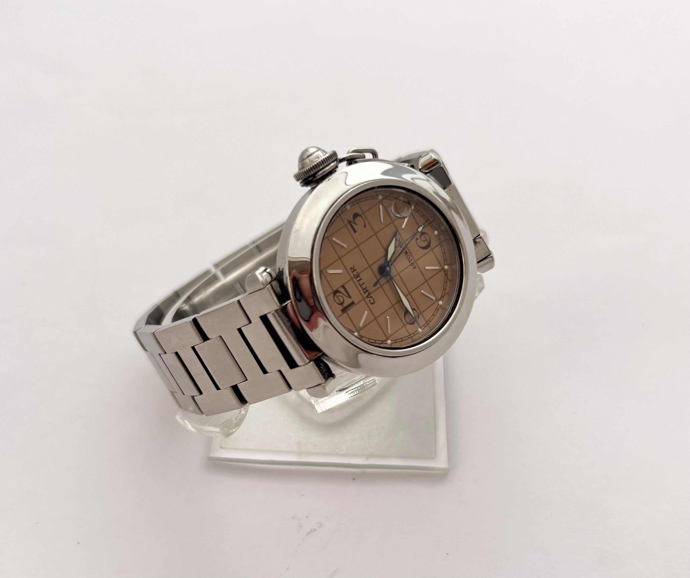 Cartier Pasha C Steel Salmon Grid Dial 35mm 2324 Automatic Watch In Good Condition For Sale In Toronto, CA