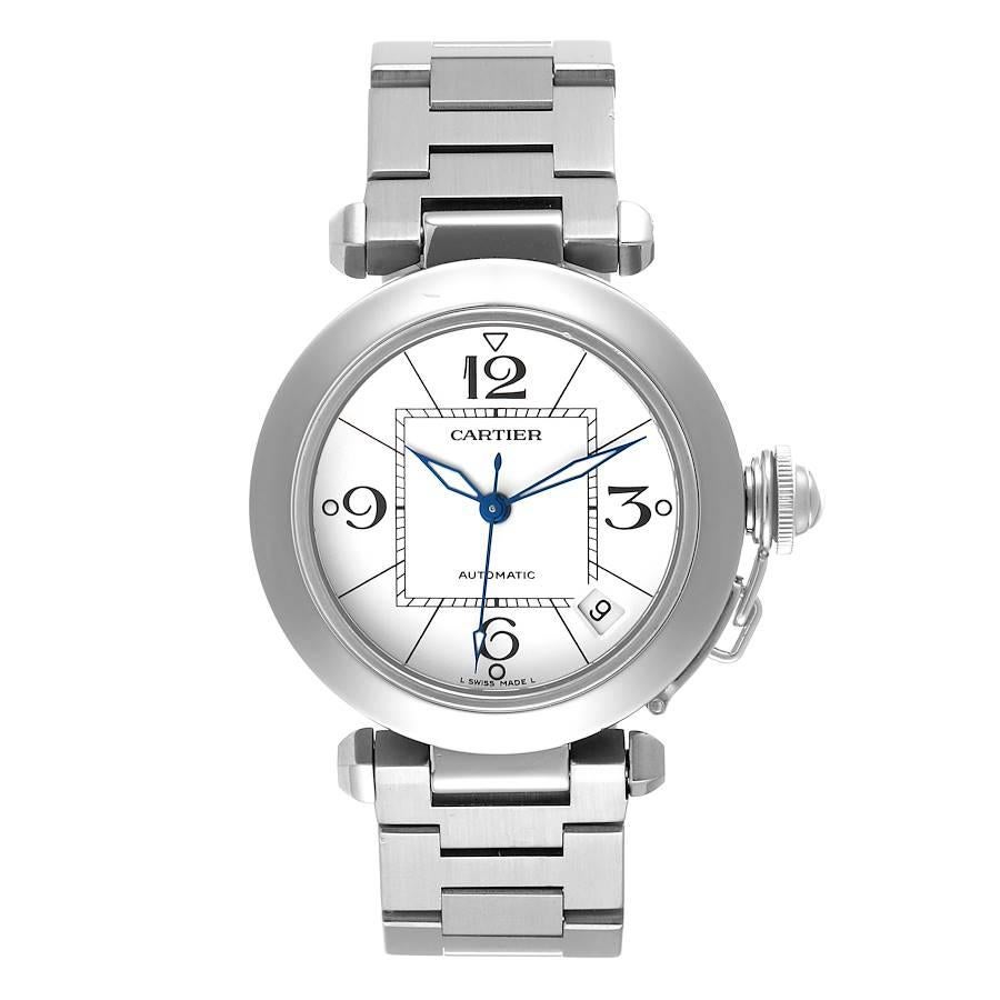 Cartier Pasha C White Dial Automatic Steel Mens Watch W31074M7. Automatic self-winding movement. Round three-body polished and brushed stainless steel case 35.0 mm in diameter. Case back with 8 screws. Vendome lugs. Winding-crown protection cap.