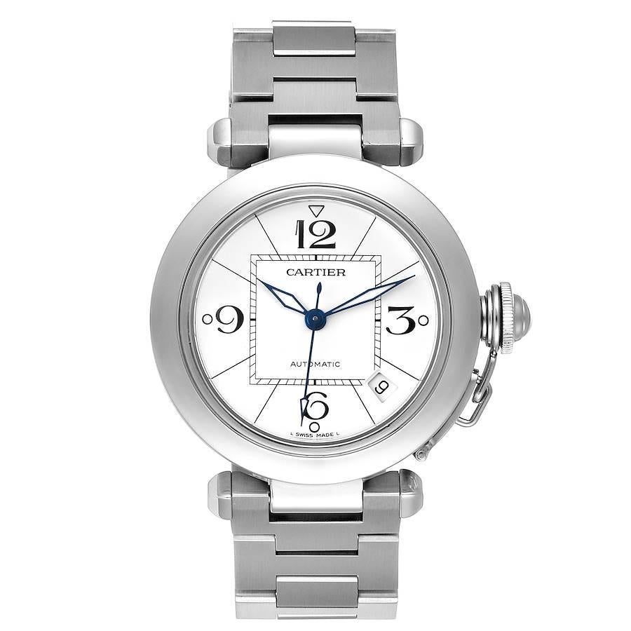 Cartier Pasha C White Dial Automatic Steel Unisex Watch W31074M7. Automatic self-winding movement. Round three-body polished and brushed stainless steel case 35.0 mm in diameter. Case back with 8 screws. Vendome lugs. Winding-crown protection cap.