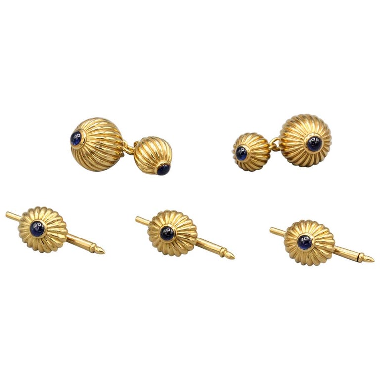 Cartier Pasha Cabochon Sapphire and 18 Karat Gold Cufflinks and Stud