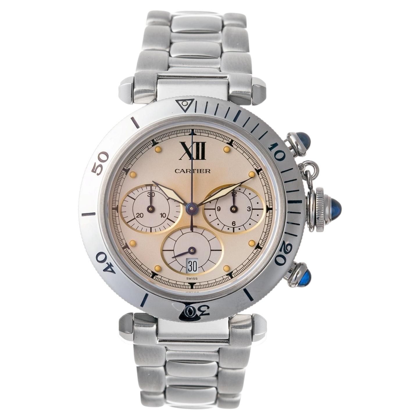 Cartier Pasha Chronograph 38mm Steel Watch, Ref. W3100443 For Sale