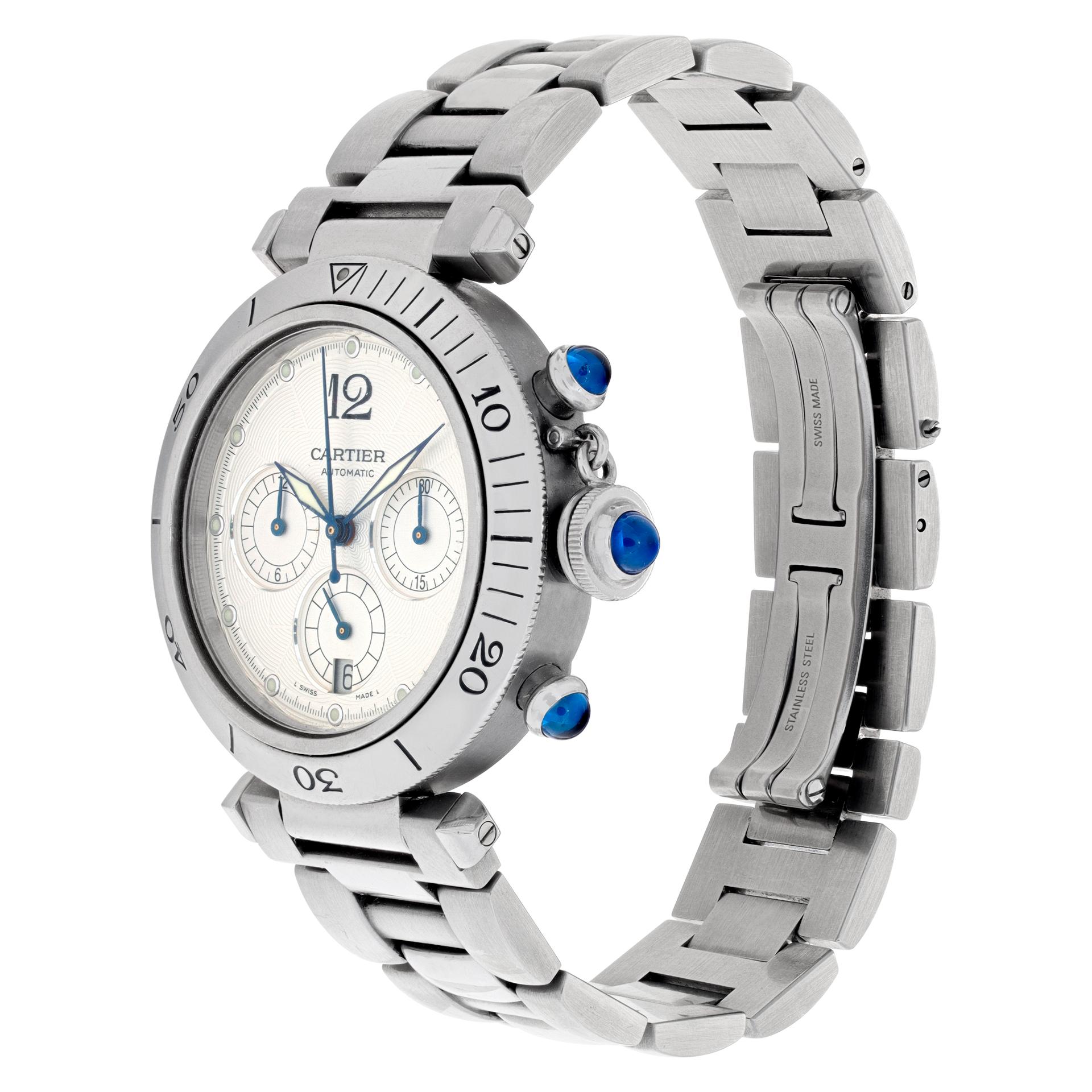 Cartier Pasha Chronograph in stainless steel with a white dial. Automatic movement under glass w/ subseconds, date and chronograph. With box and booklets. 38 mm case size. Ref W31030H3 Fine Pre-owned Cartier Watch.

 Certified preowned Dress Cartier