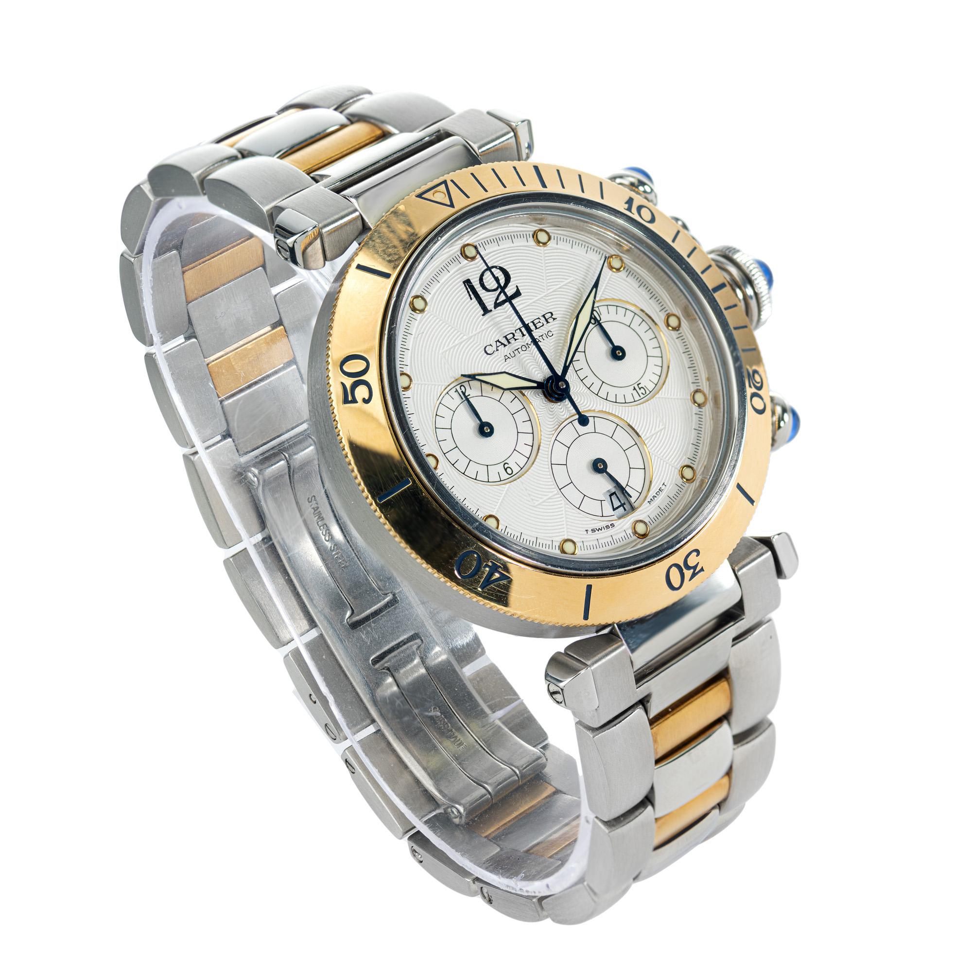 Cartier Montre-bracelet chronographe Pasha pour femme en or jaune et acier Excellent état - En vente à Stamford, CT