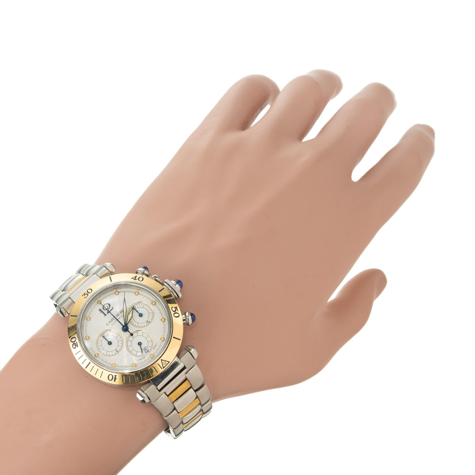 Cartier Montre-bracelet chronographe Pasha pour femme en or jaune et acier en vente 3