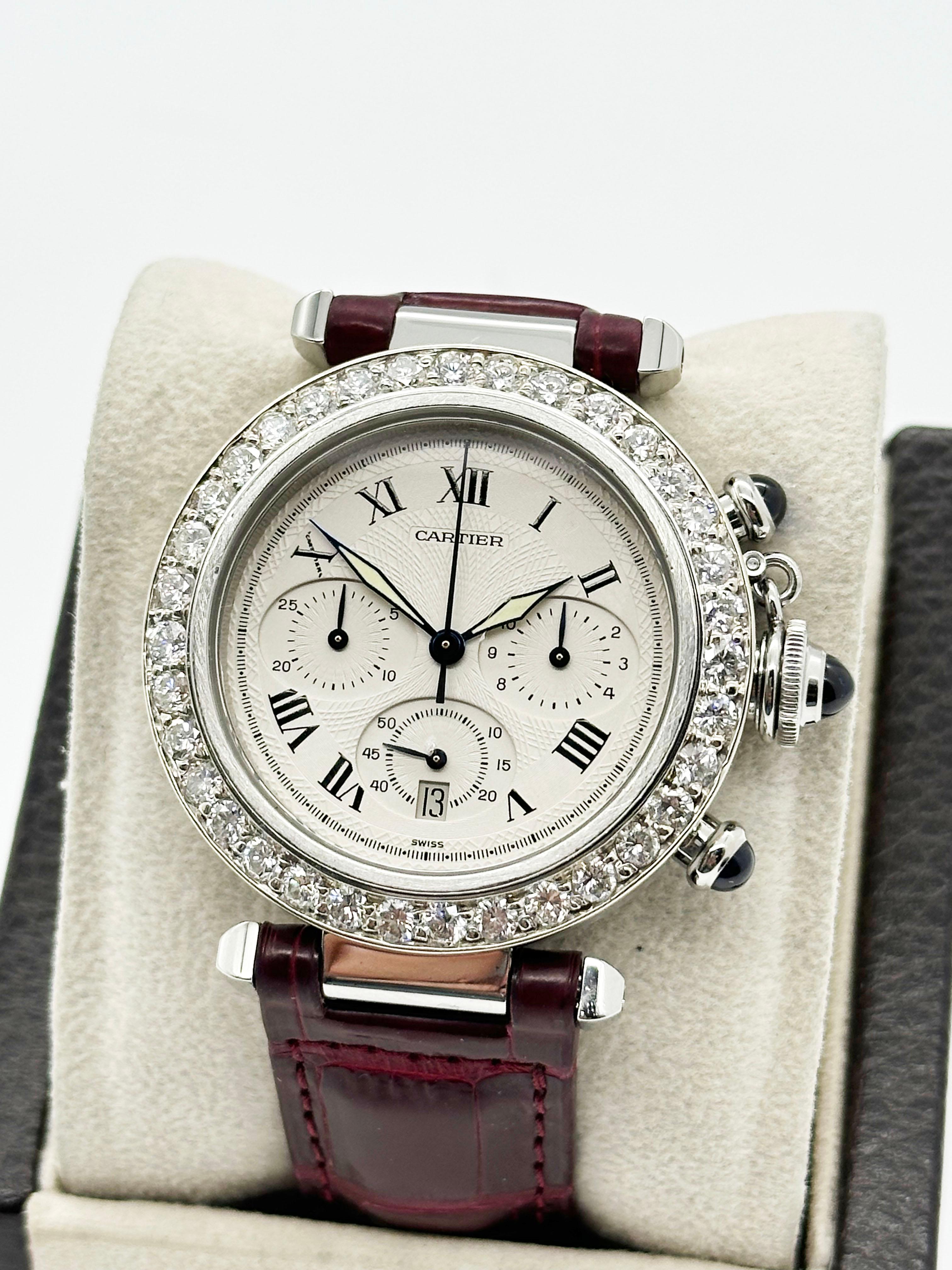 Cartier Pasha Chronograph Ref 1050 38mm Diamond Bezel Stainless Steel In Excellent Condition In San Diego, CA