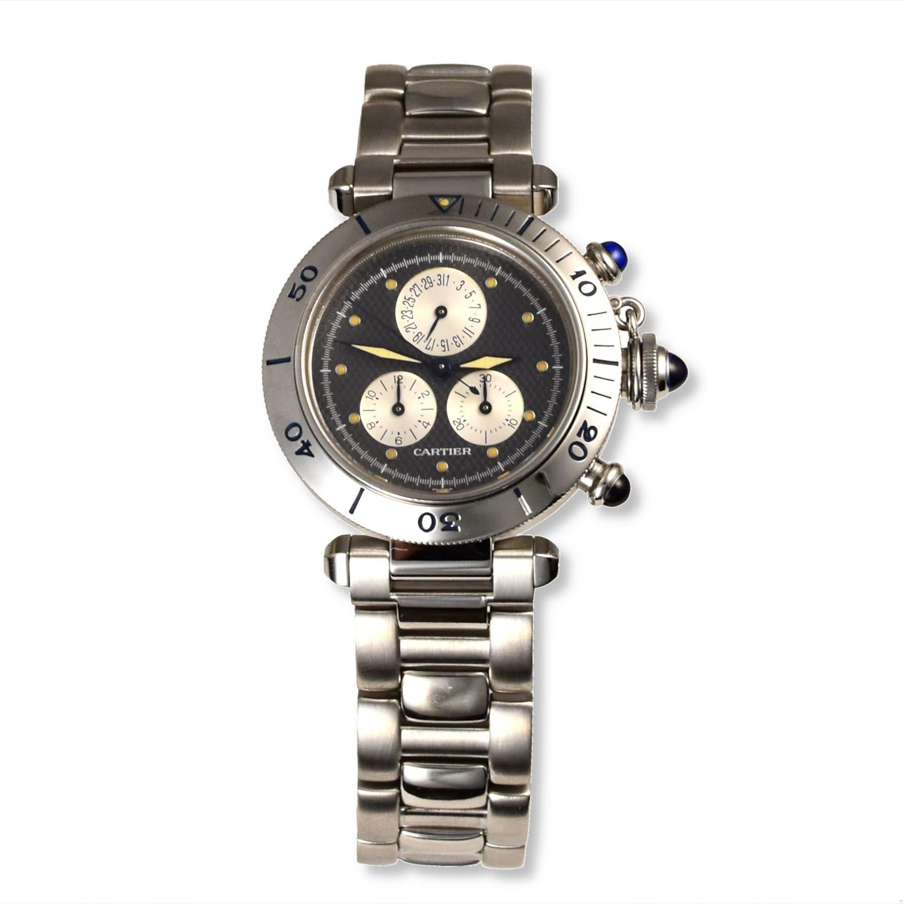Cabochon Cartier Pasha Chronograph Ref. 1352 in Stainless Steel Watch For Sale