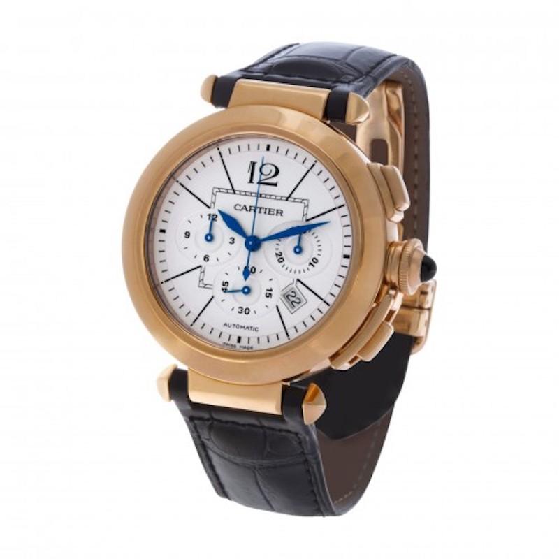 Women's or Men's Cartier Pasha Chronograph Rose Gold and Leather Wristwhatch For Sale