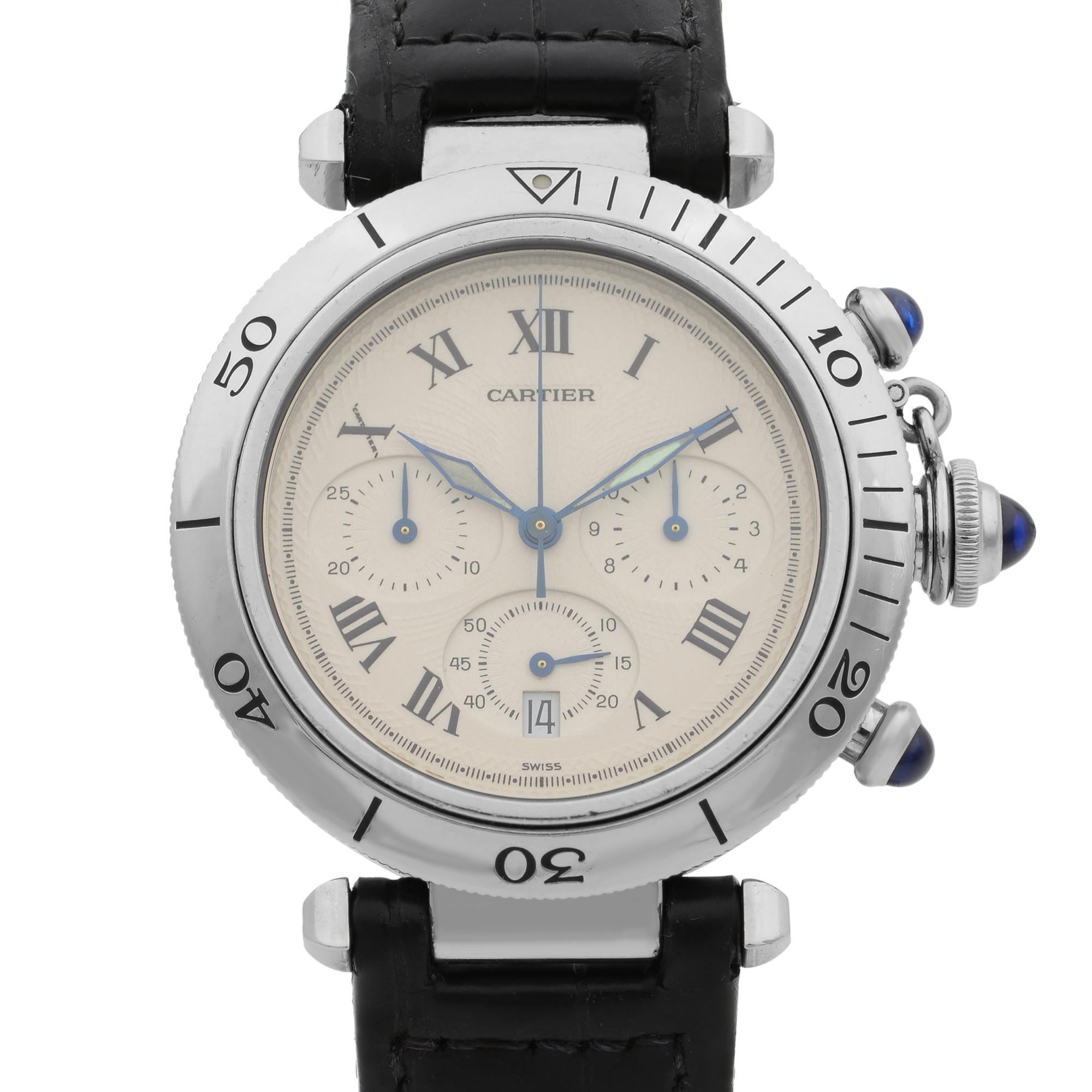 This pre-owned Cartier Pasha  1050 is a beautiful men's timepiece that is powered by quartz (battery) movement which is cased in a stainless steel case. It has a round shape face, chronograph hand, date indicator, small seconds subdial dial, and has