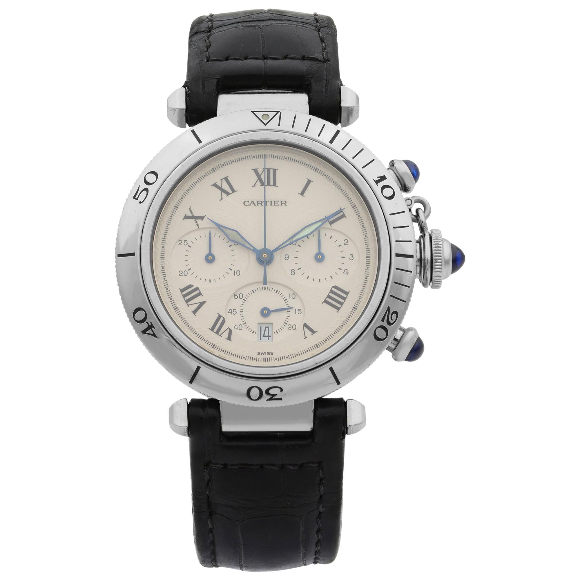 Cartier Pasha Chronograph Stainless Steel Silver Dial Quartz Men's Watch 1050