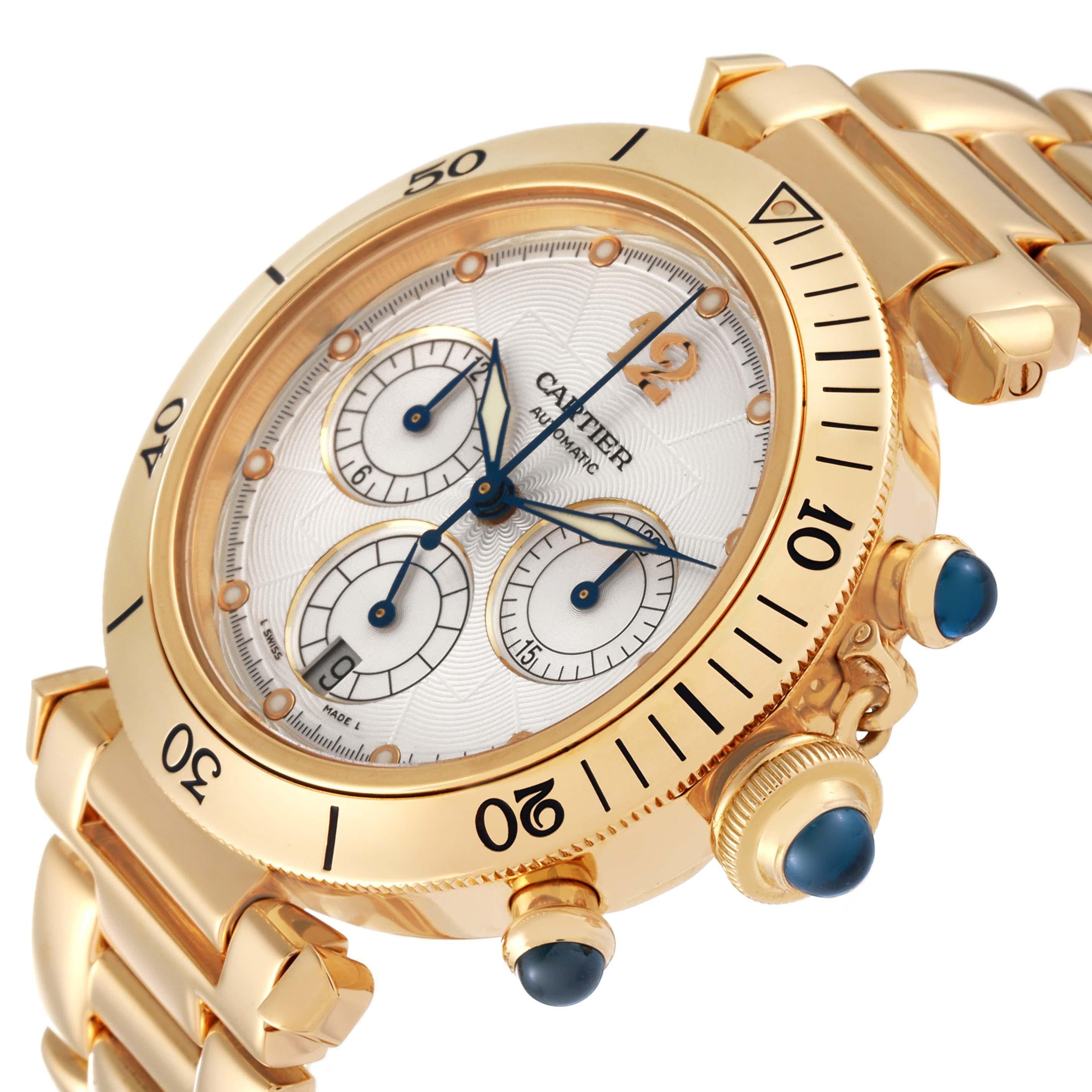 Cartier Pasha Chronograph Yellow Gold Mens Watch 2111. Automatic self-winding chronograph movement. Round 18K yellow gold case 38.5 mm in diameter. Screw down crown protector and chronograph pushers set with a blue sapphire cabochon. Exhibition