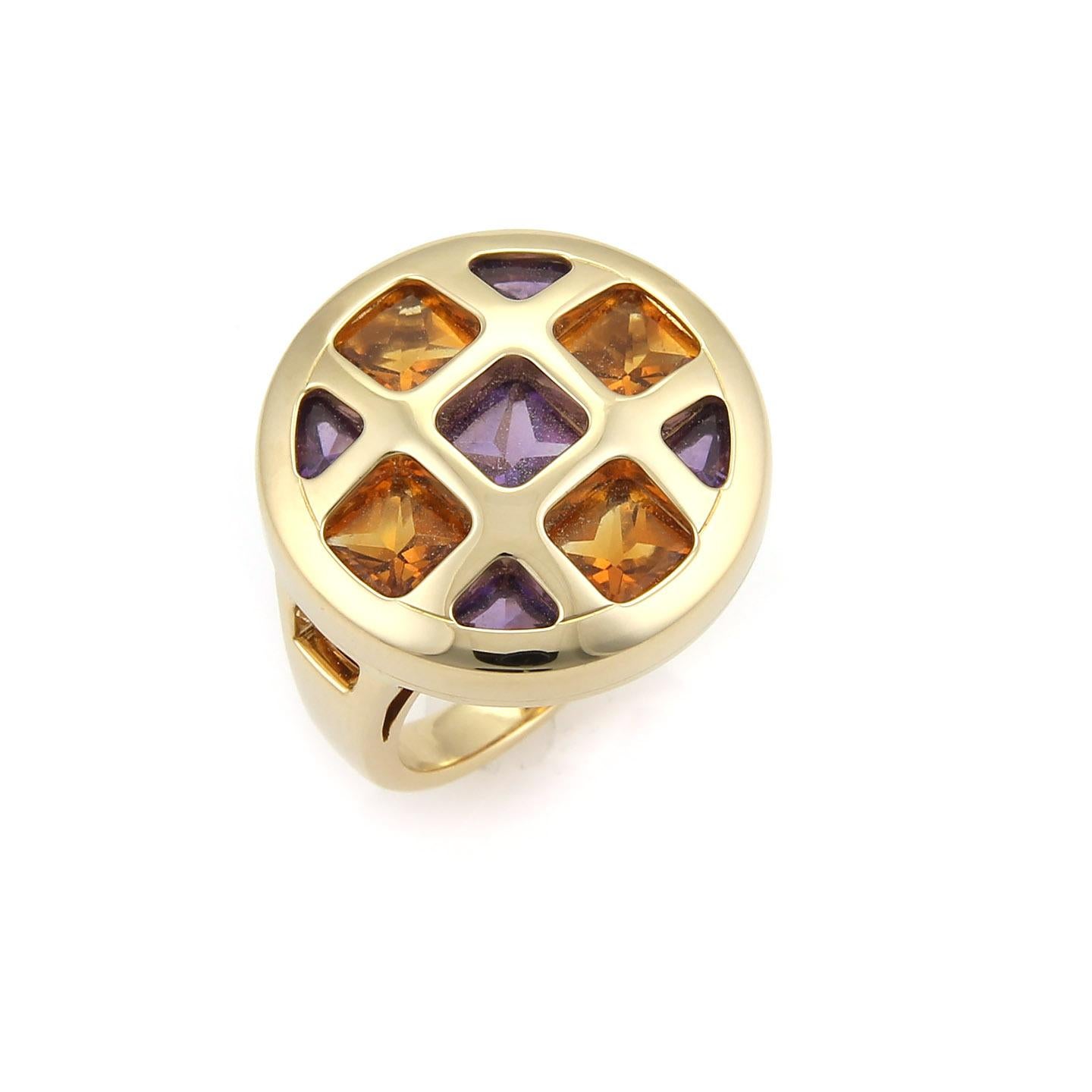 Square Cut Cartier Pasha Citrine & Amethyst 18k Gold Round Ring  For Sale