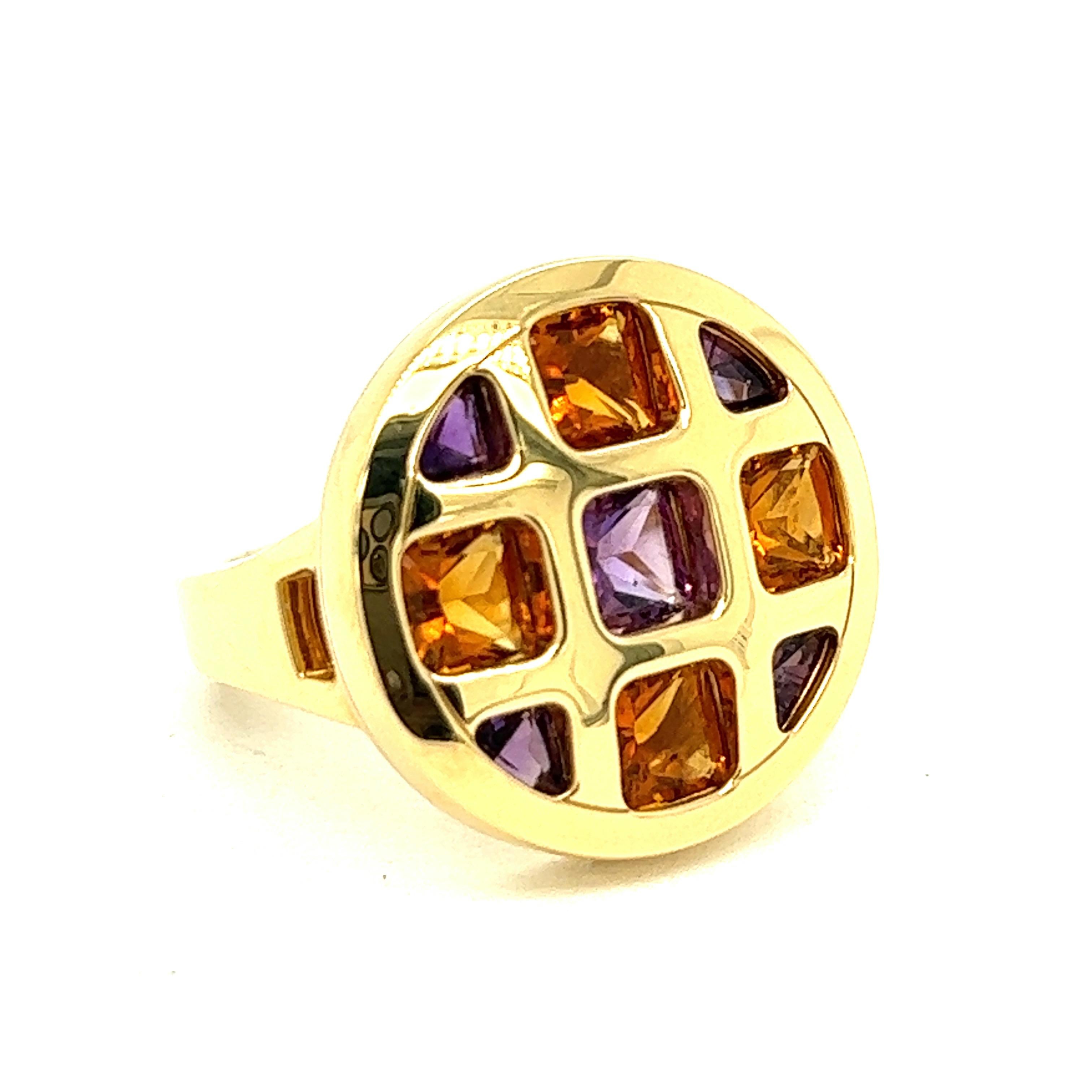 Cartier Pasha Citrine & Amethyst Round Ring

From the Pasha collection, this modern ring features citrine (approximately 2.40 carats) and amethyst (approximately 1.40 carats) gemstones, set on 18 karat yellow gold with square sections on top within