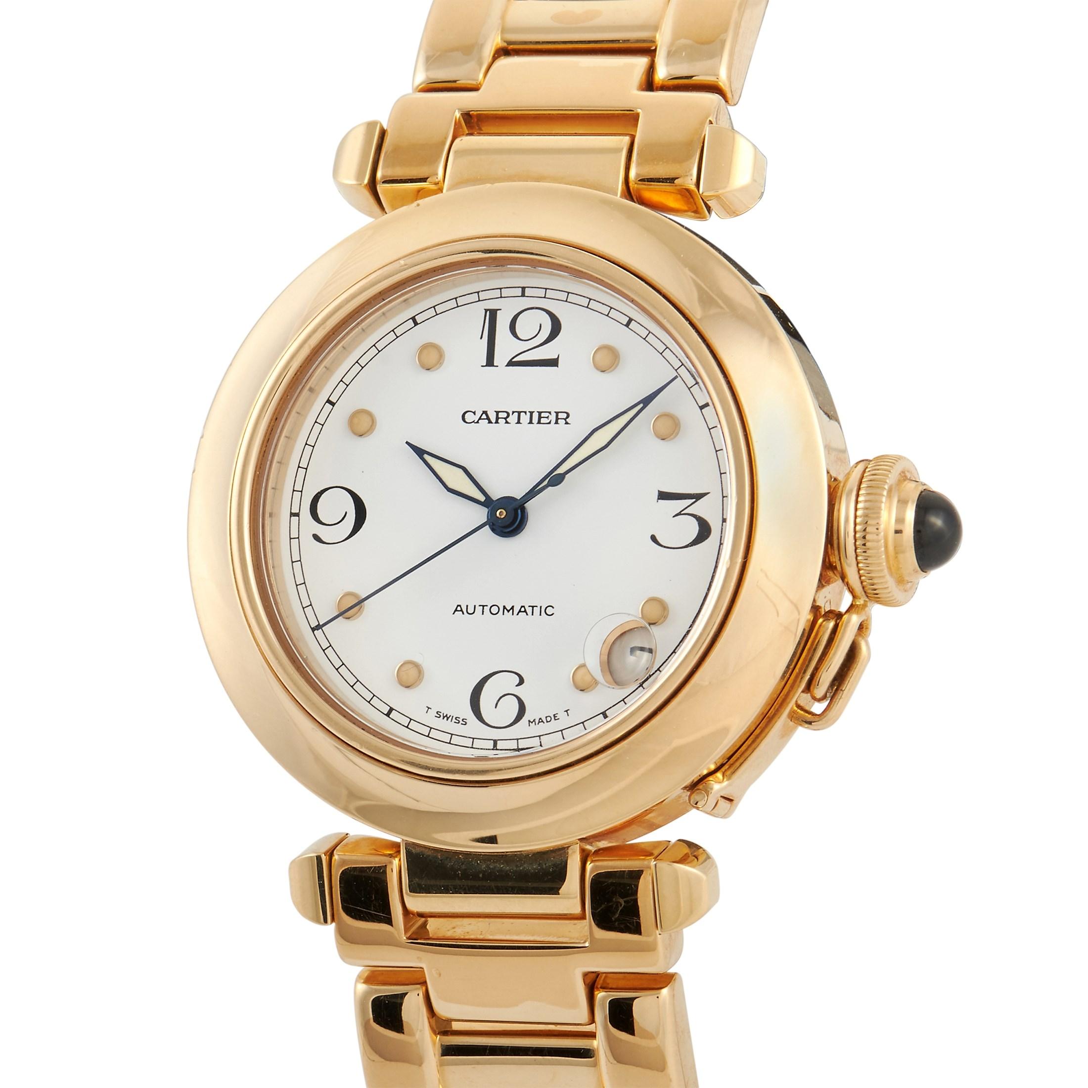 A style icon in the 30s and 40s, the Pasha de Cartier remains to be well-admired for its ageless beauty.  This automatic watch features a 36mm round case in 18K yellow gold. It has a white dial with dot hour markers and Arabic numerals for 12, 3,