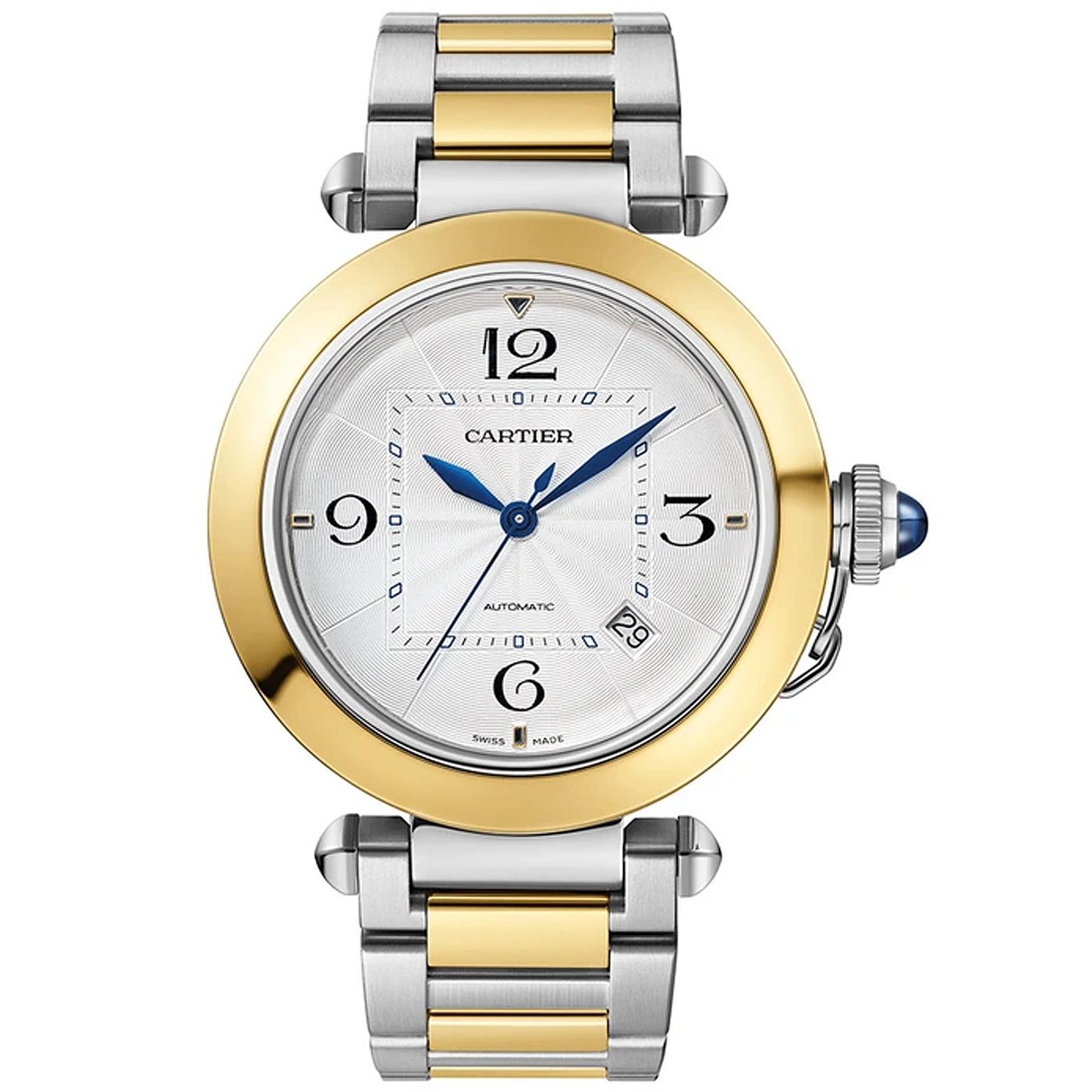 Pasha de Cartier watch, 41 mm, mechanical movement with automatic winding, caliber 1847 MC. Steel case, 18K yellow gold bezel, fluted crown cap and crown set with synthetic spinels, silvered flinque dial, blued-steel diamond-shaped hands, bracelet