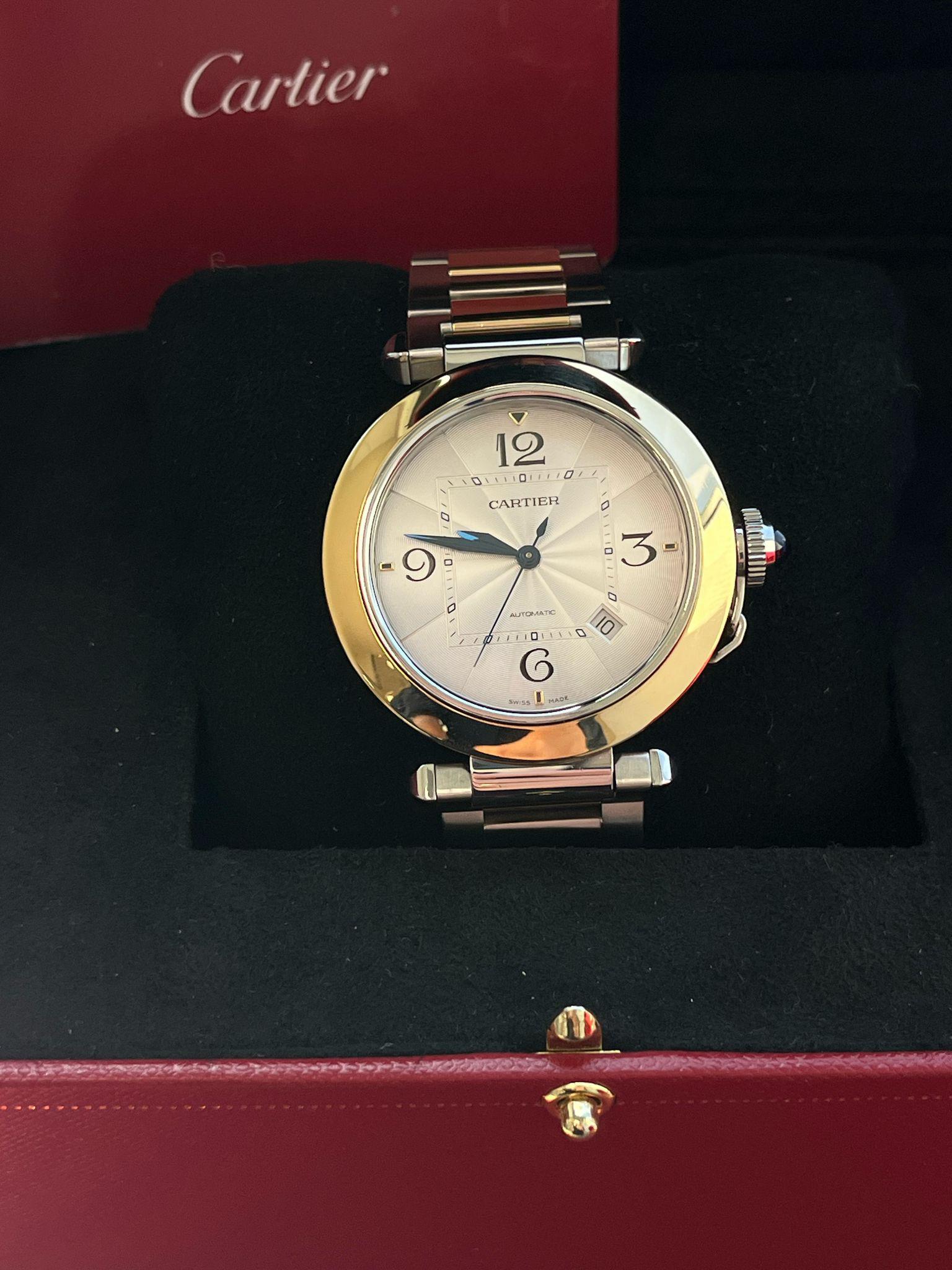 Modernist Cartier Pasha de Cartier 41mm Flinque Dial Steel & 18K Gold Watch W2PA0009 For Sale