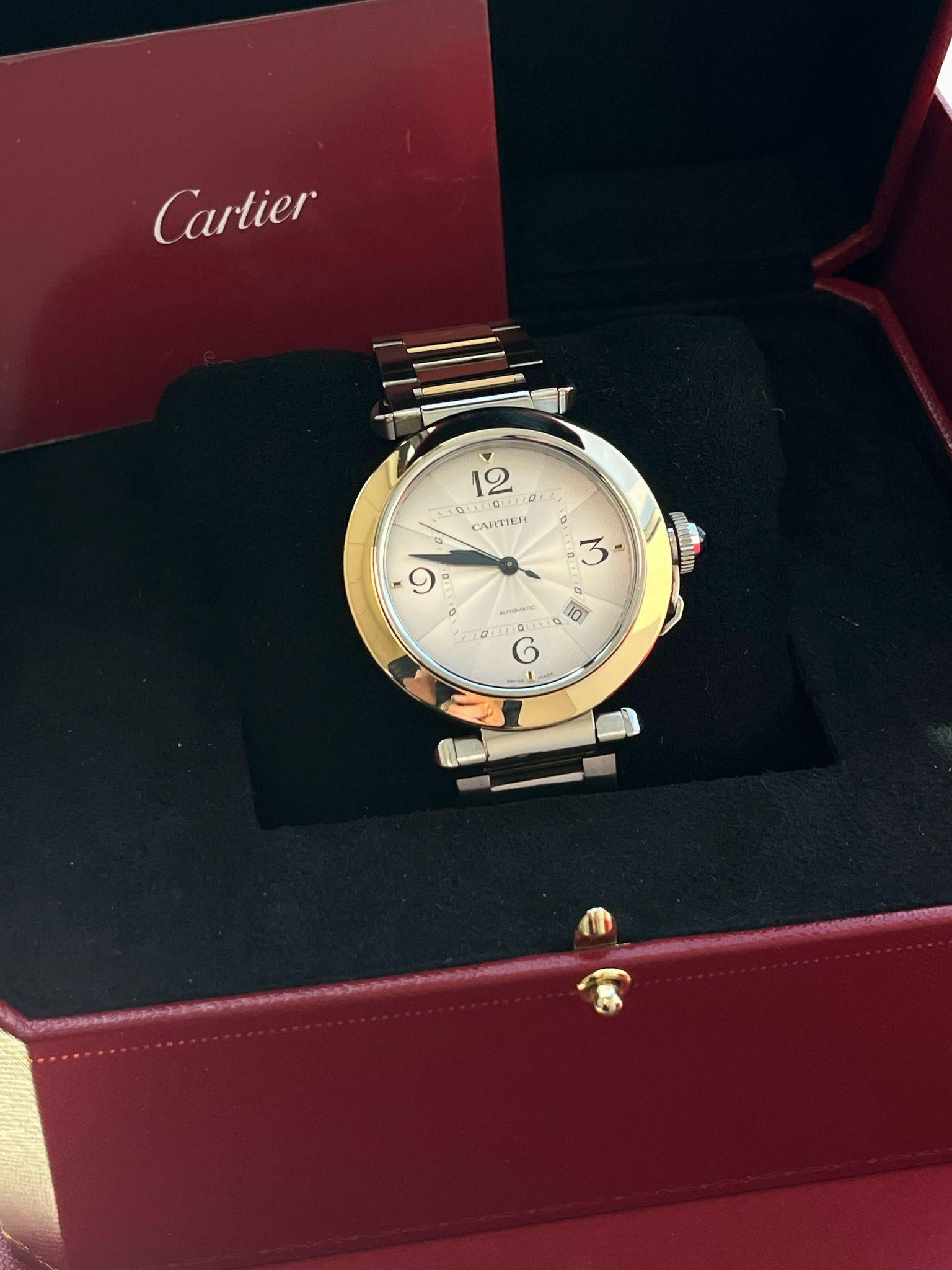 Women's or Men's Cartier Pasha de Cartier 41mm Flinque Dial Steel & 18K Gold Watch W2PA0009 For Sale