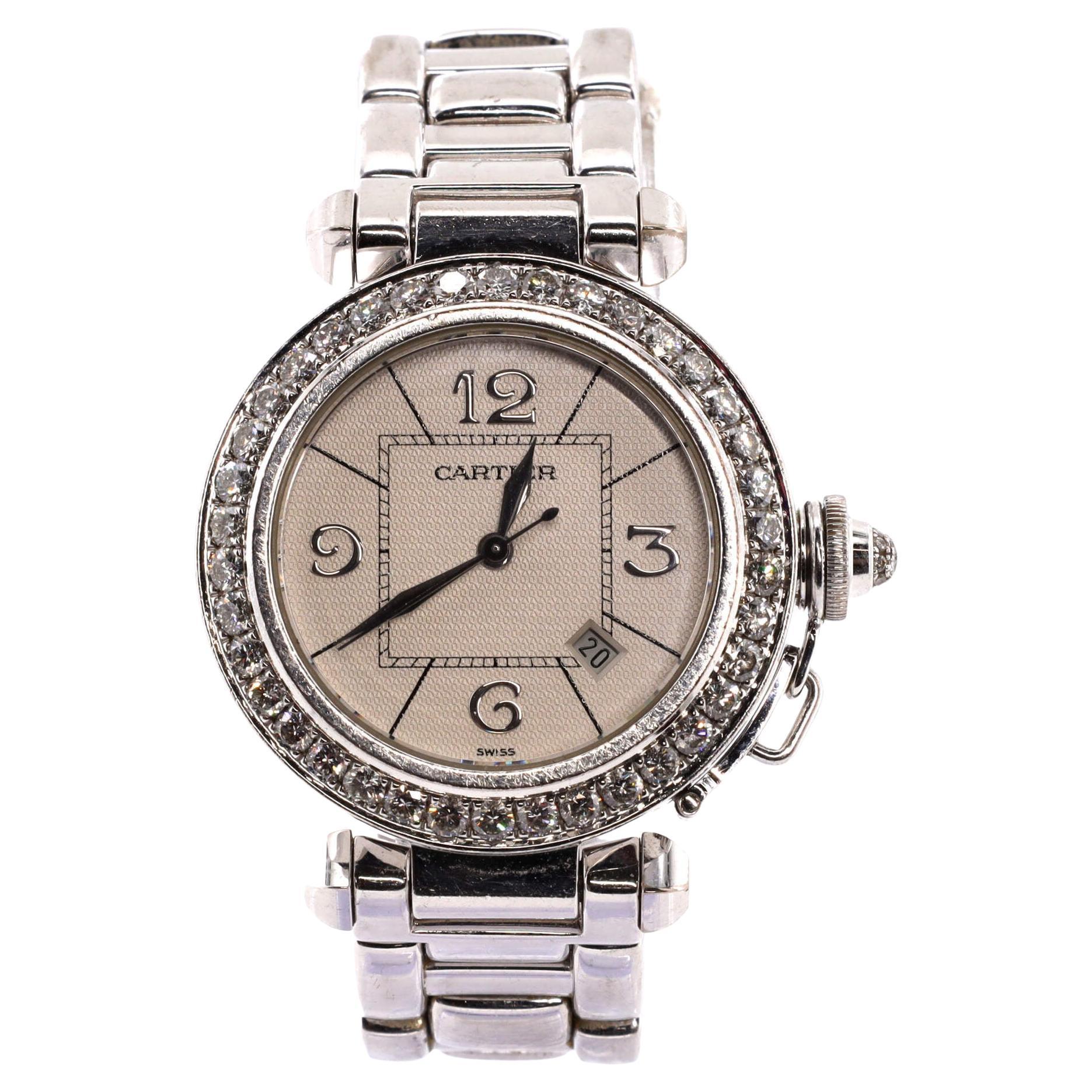 Cartier Pasha De Cartier Automatic Watch White Gold with Diamond Bezel 32 For Sale
