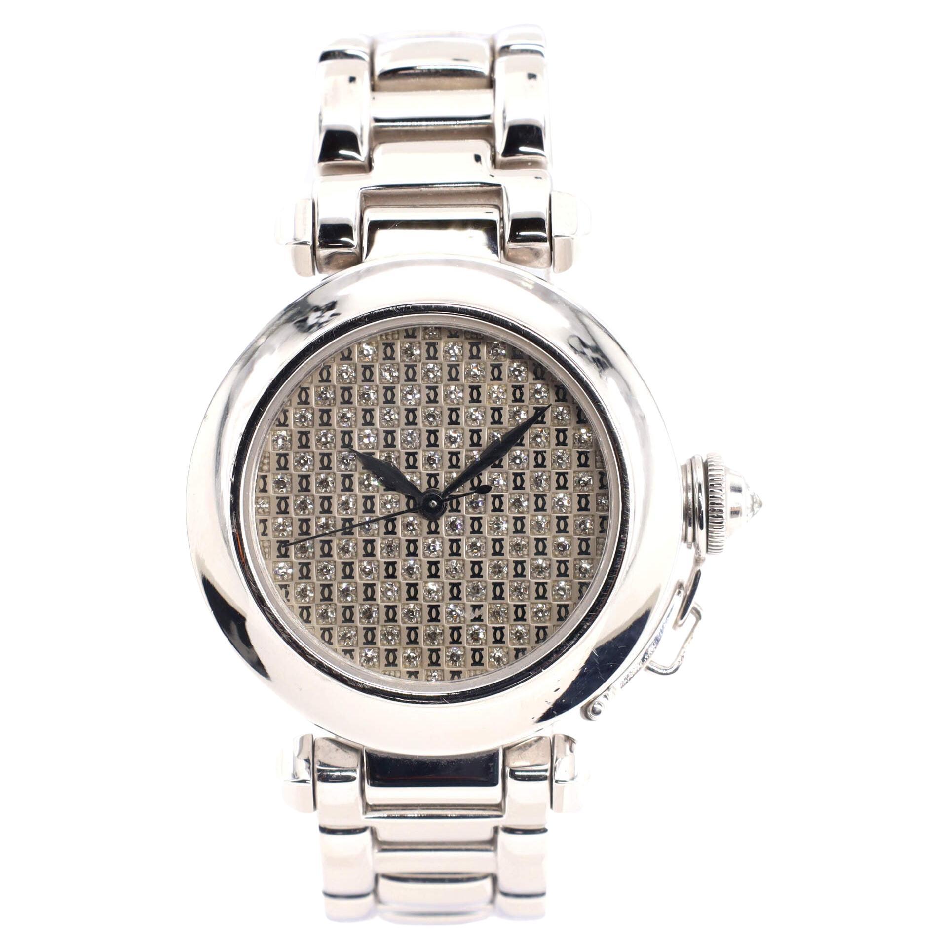 Cartier Pasha De Cartier Automatic Watch White Gold with Diamond Logo Dial For Sale