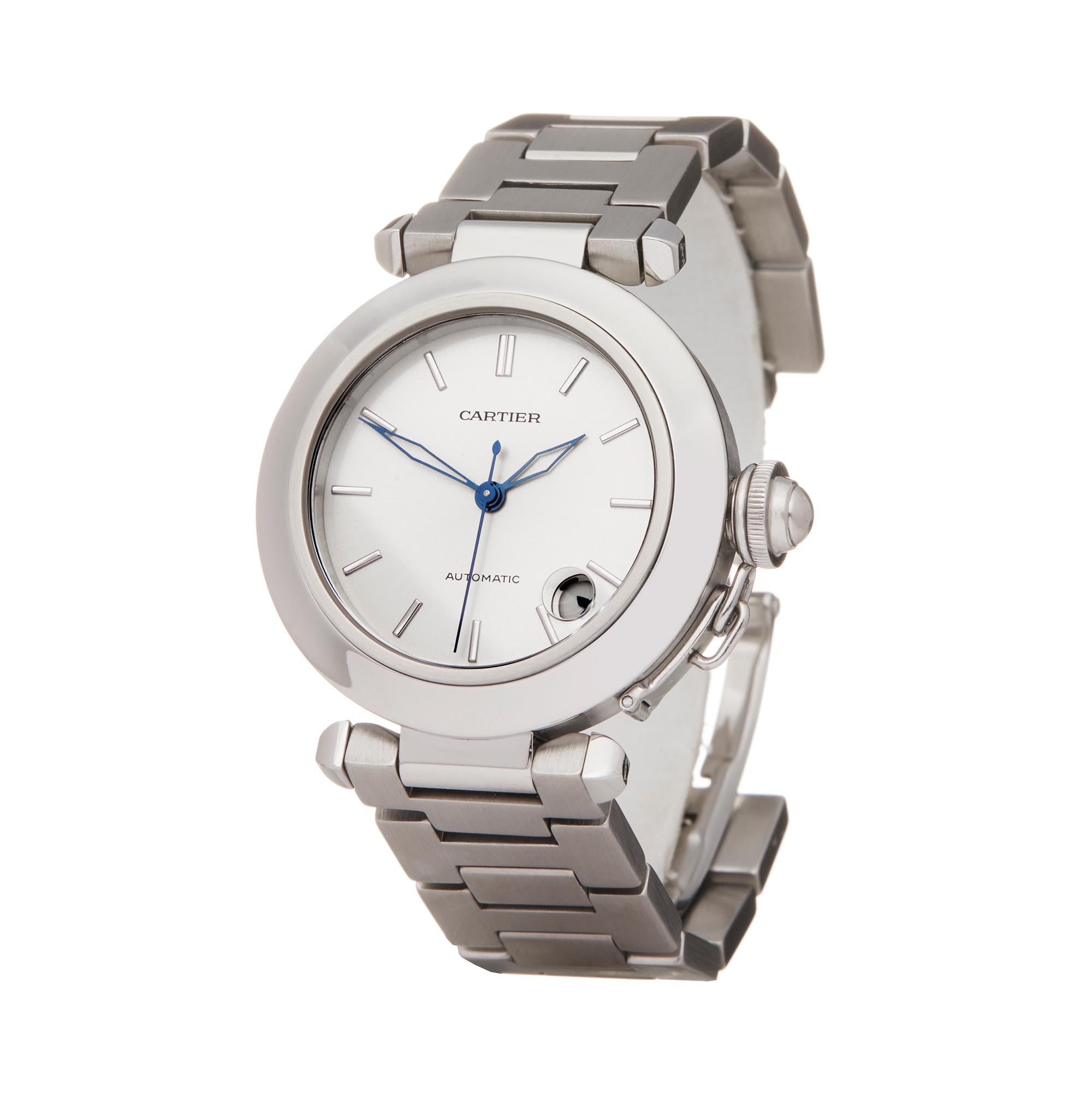 Ref: COM2079
Manufacturer: Cartier
Model: Pasha De Cartier
Model Ref: W31010M7 or 2324
Age: Circa 2000's
Gender: Unisex
Complete With: Cartier Service Pouch and Service Papers dated 17th May 2019
Dial: Silver Baton
Glass: Sapphire Crystal
Movement: