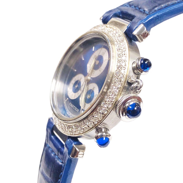 CARTIE PASHA 35MM QUARTZ GOLD CASE DIAMOND BEZEL BLUE DIAL