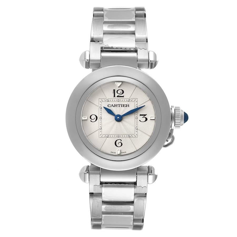 Cartier Pasha de Cartier Steel Silver Dial Ladies Watch WSPA0021 Unworn. Quartz movement. Round three-body polished and brushed stainless steel case 30.0 mm in diameter. Vendome lugs. Winding-crown protection cap. Concave stainless steel bezel.