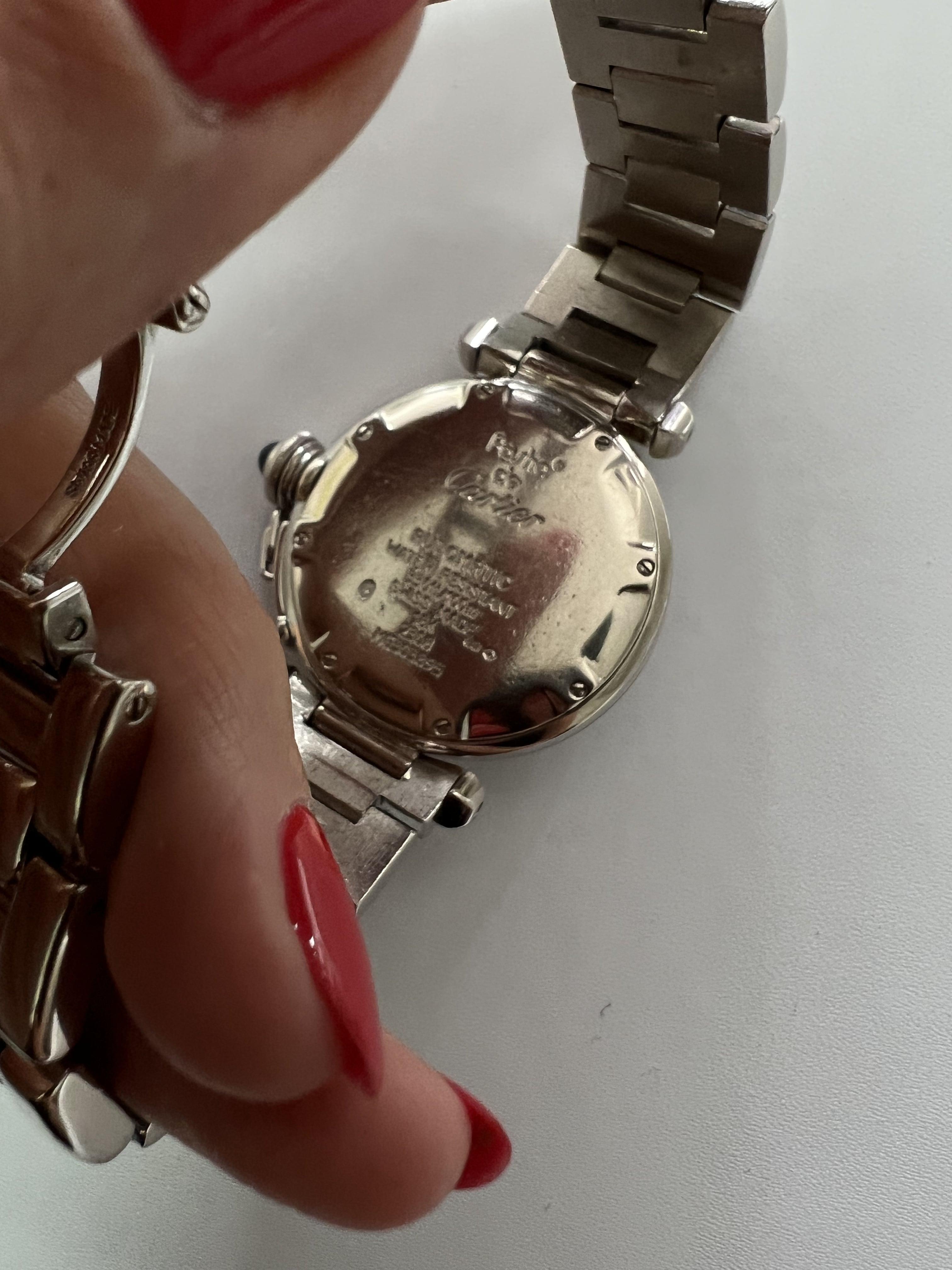 Brilliant Cut Cartier Pasha de Cartier White Dial Diamonds Halo Grid 18 Karat White Gold Watch For Sale