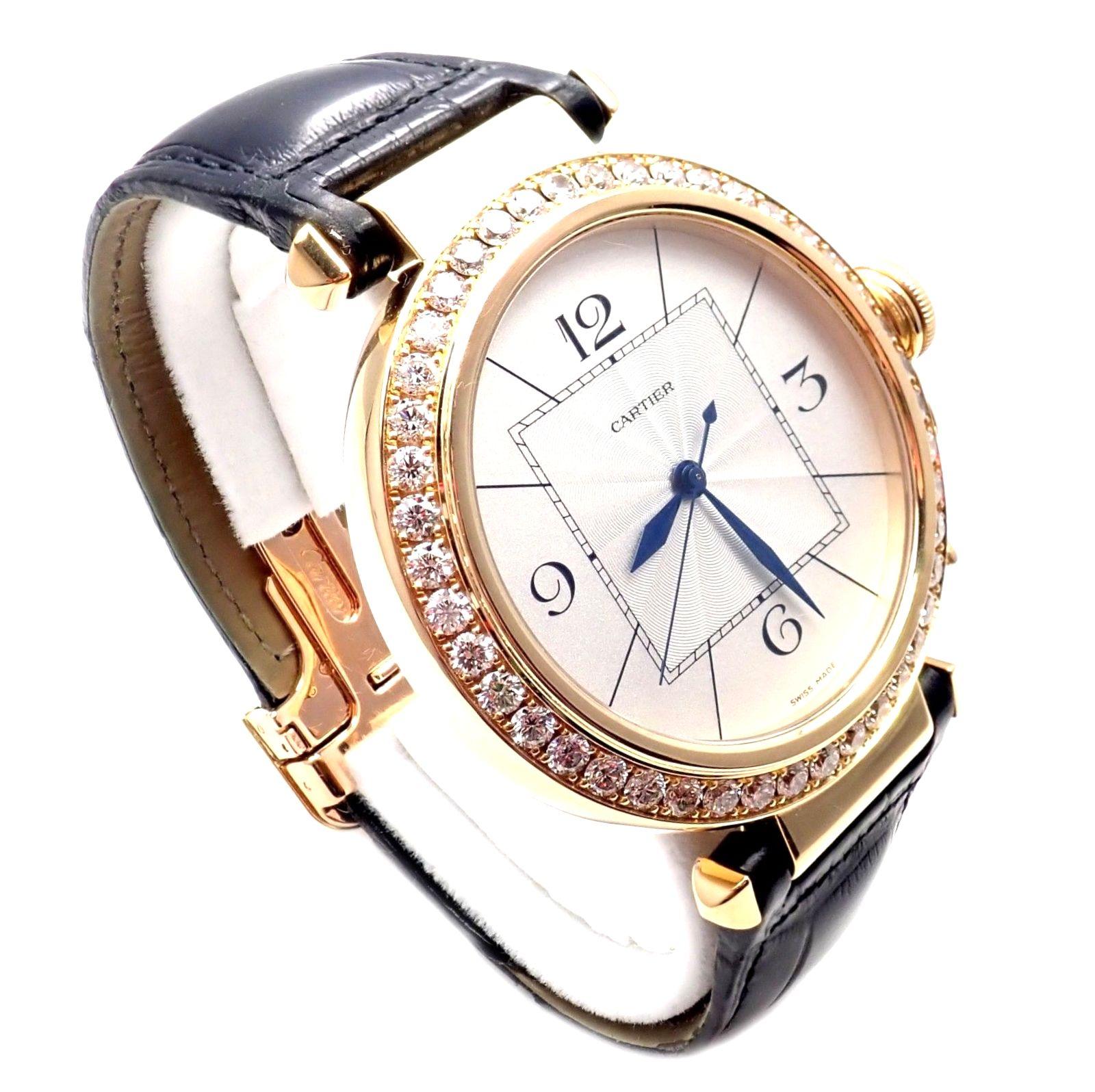 18k Yellow Gold Diamond Automatic 42mm Pasha Wristwatch by Cartier. 
With 44x Round brilliant cut diamonds VVS1 clarity, E color total weight approx. 3.27ctw
Style Name: Pasha
Reference Number: 2726
Case Material: 18k Yellow Gold with Diamonds
Dial