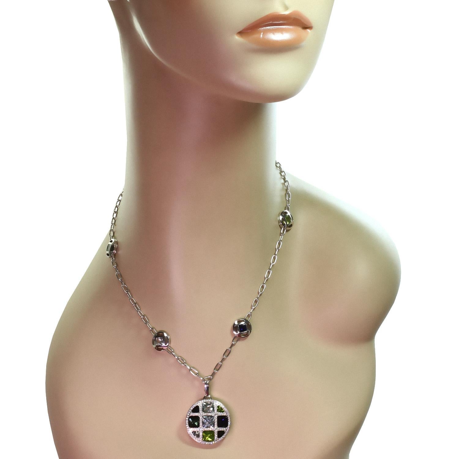 Cartier Pasha Diamond Multicolor Gemstone White Gold Pendant Necklace In Excellent Condition In New York, NY