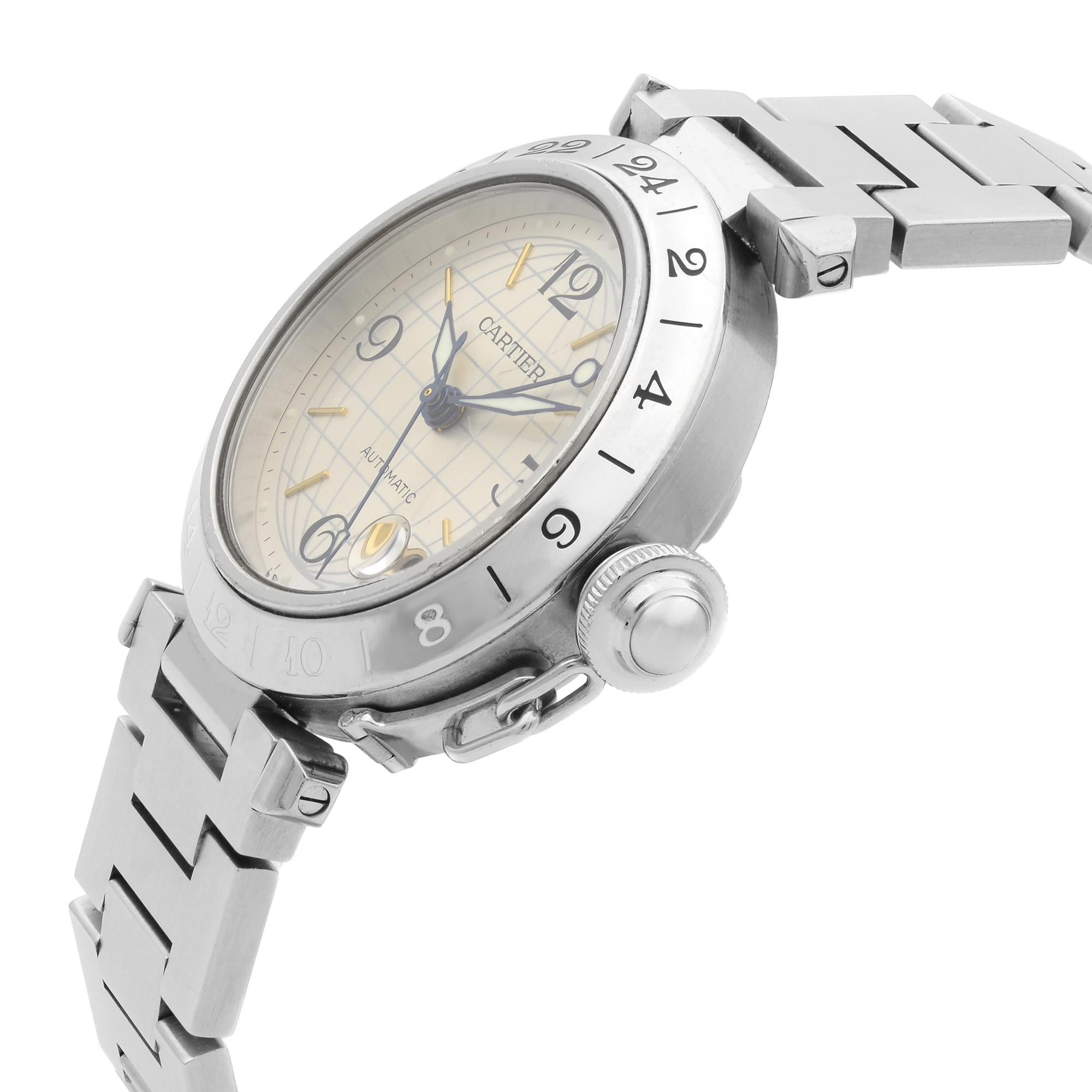 Cartier Pasha GMT Acciaio Quadrante Argento Automatico Unisex Orologio W31029M7 In condizioni buone a New York, NY