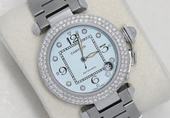 Cartier Pasha Ladies Stainless Steel Watch with Baby Blue Diamond Dial & Bezel