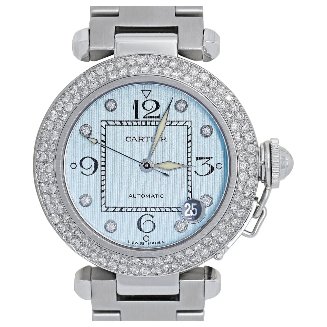 Cartier Pasha Damenuhr aus Edelstahl mit Babyblauem Diamant-Zifferblatt und Lünette