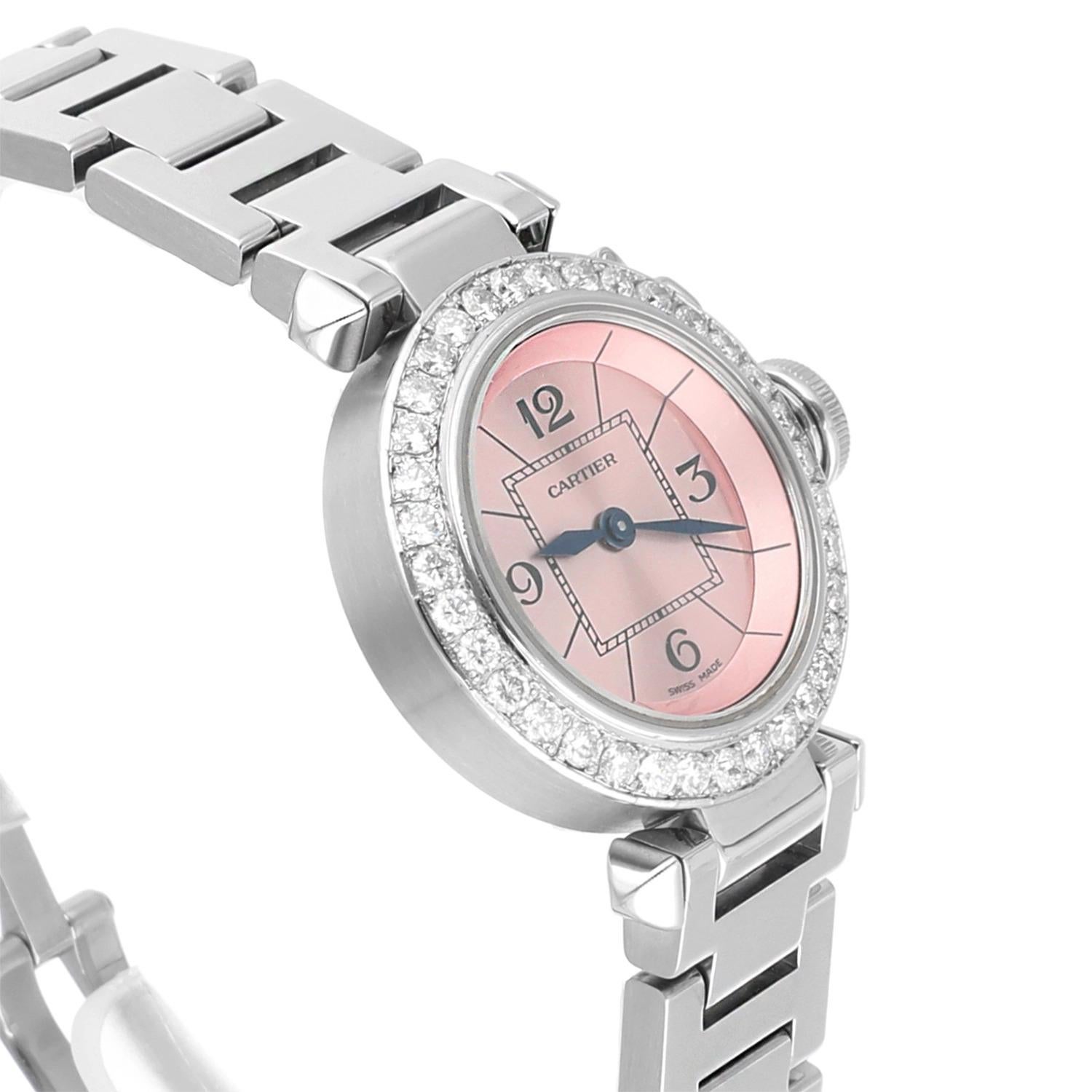 Cartier Pasha Miss Pasha Steel Pink Dial Ladies Watch W3140008 Diamond Bezel In Excellent Condition For Sale In New York, NY