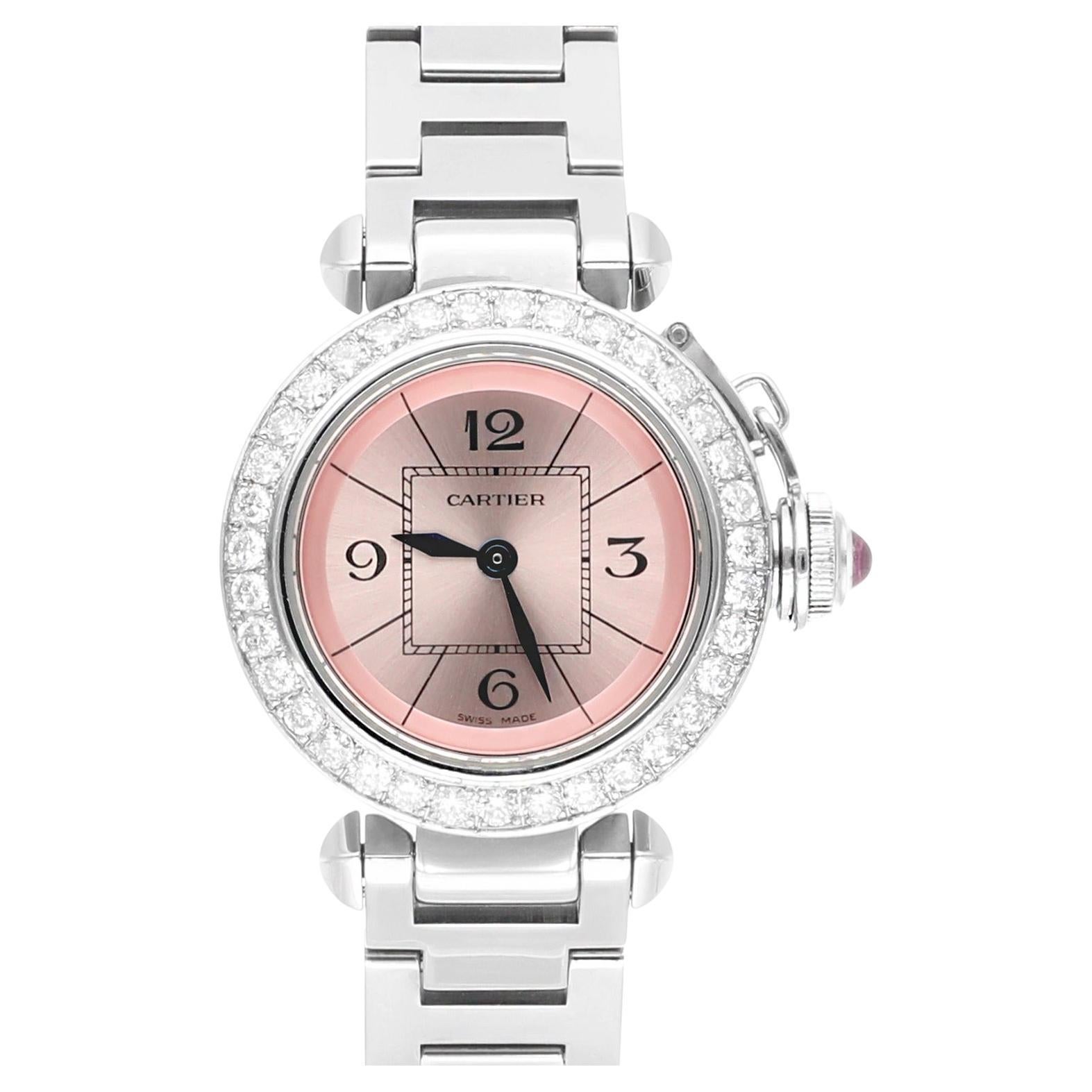 Cartier Montre pour femme Pasha Miss Pasha en acier avec cadran rose et lunette en diamants W3140008 en vente